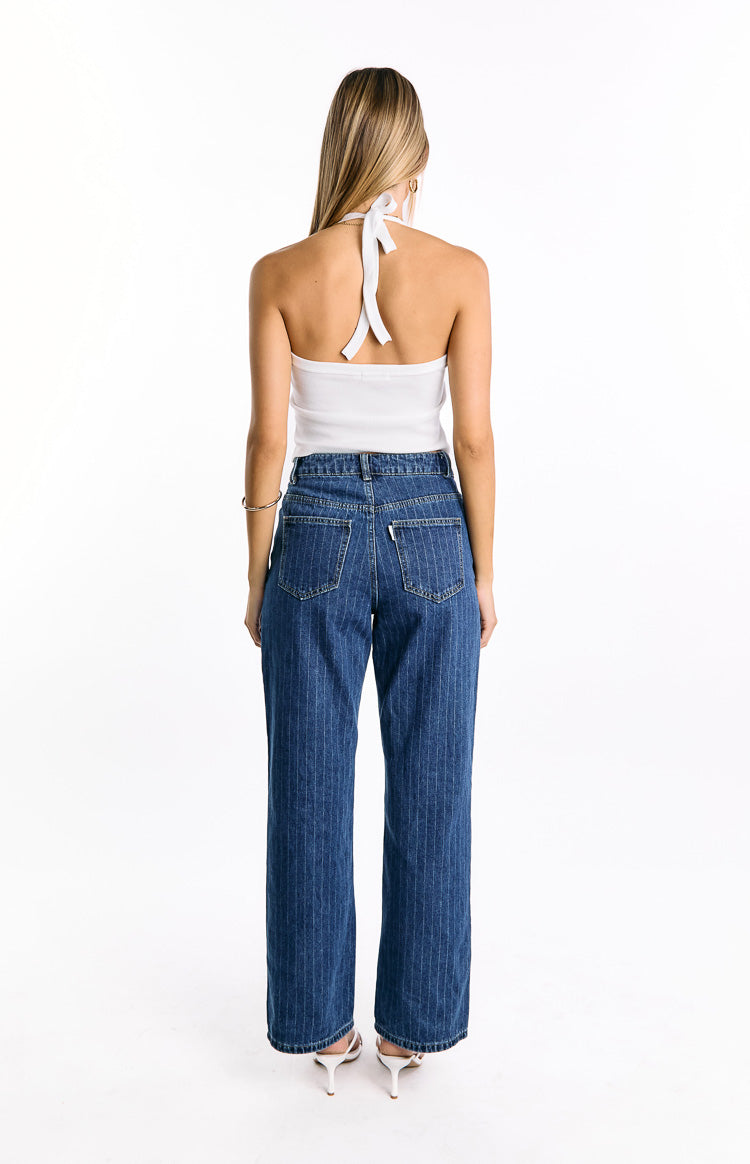 Calliope Pinstripe Mid Wash Mid Rise Slouchy Jeans for Women - Comfortable Relaxed Fit Stretch Denim Pants - Perfect for Casual Outings & Everyday Wear