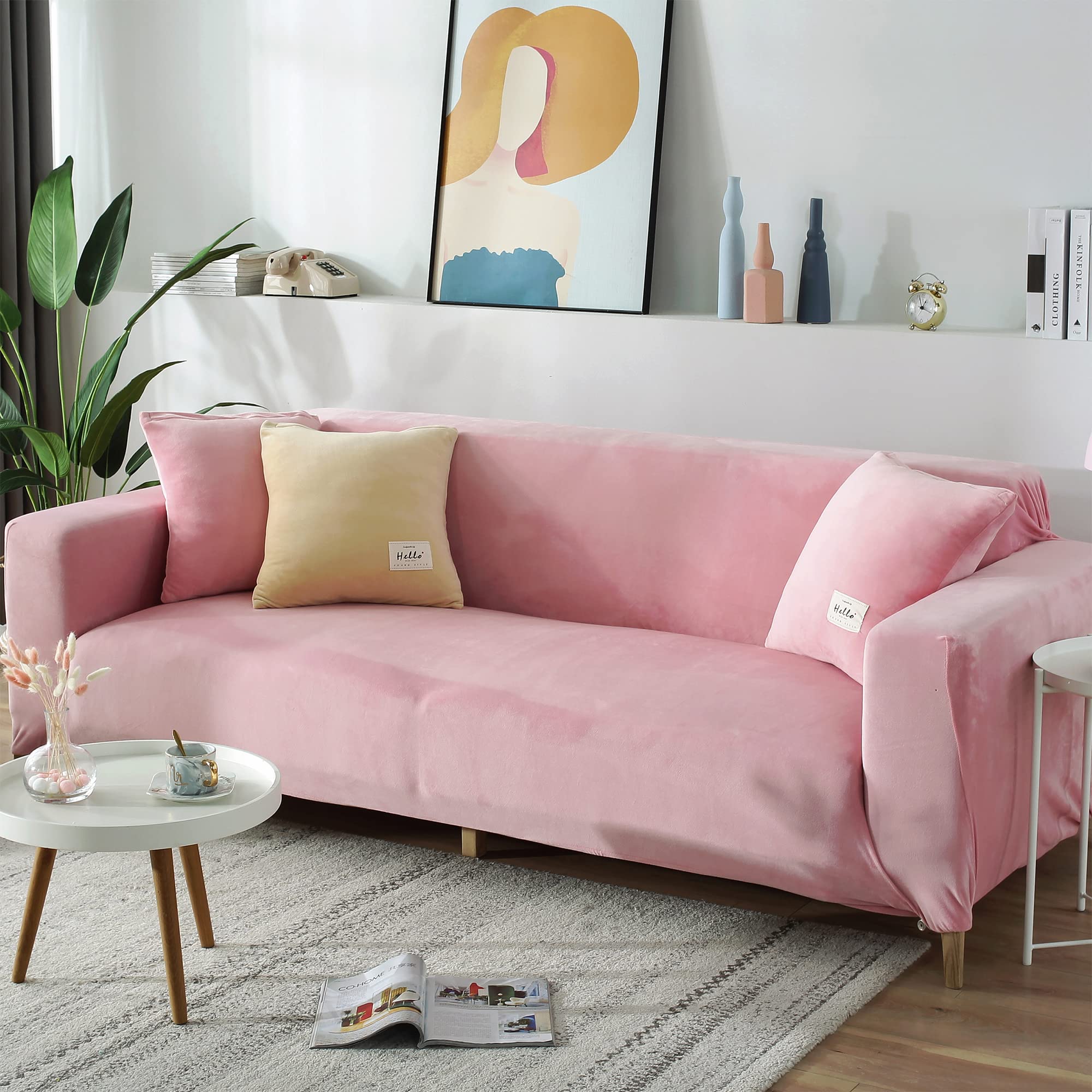 CONRUSER Stretch Velvet Sofa Slipcover - Soft Elastic Furniture Protector for Pets & Kids - Pink Small Couch Cover for Living Room, Bedroom & Home Decor