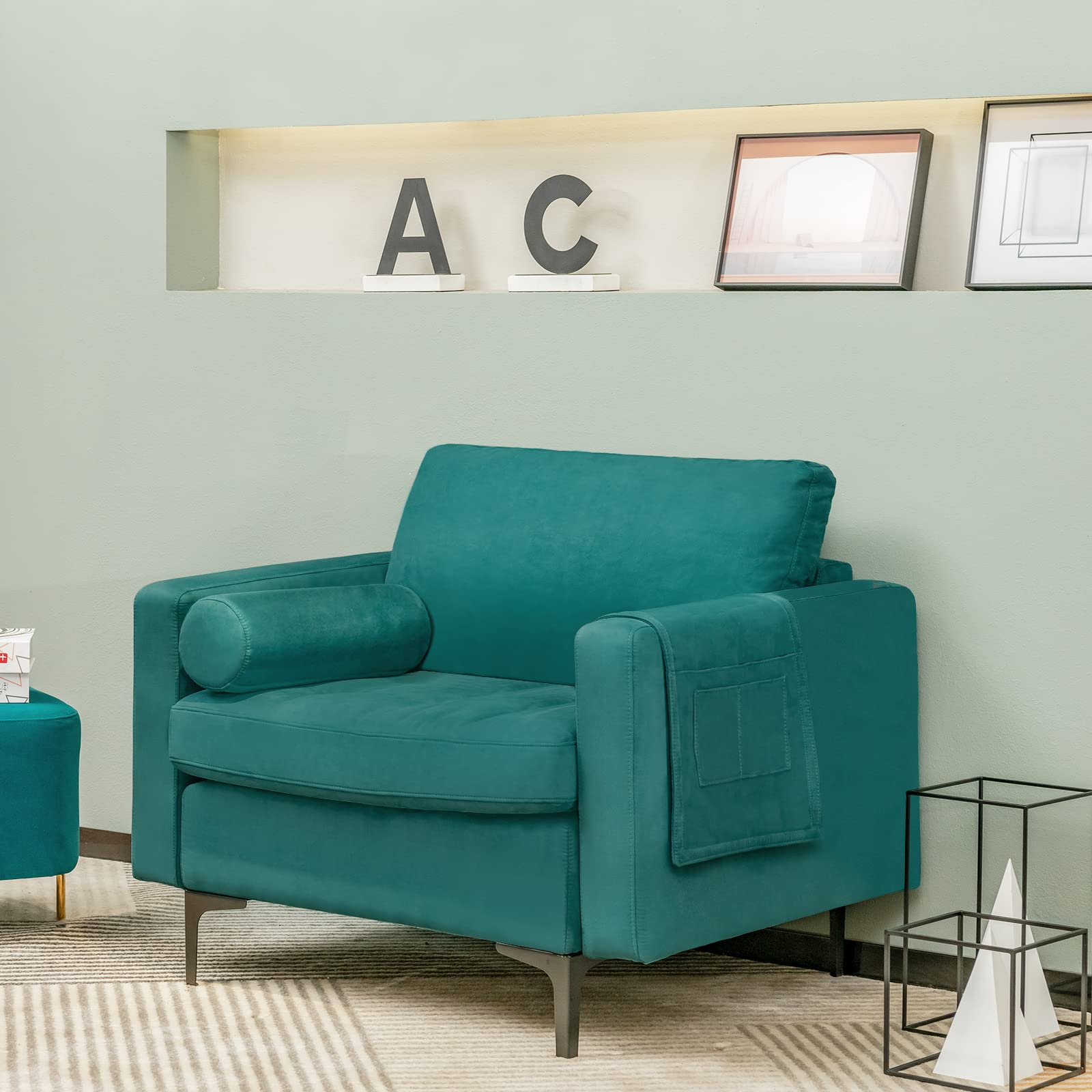Giantex Set of 2 Single Sofa Chairs with Cushion & Bolster, Upholstered Armchairs with Magazine Pockets - Blue Accent Chairs for Living Room, Bedroom & Reception Area | Perfect for Relaxing, Reading & Small Space Decor