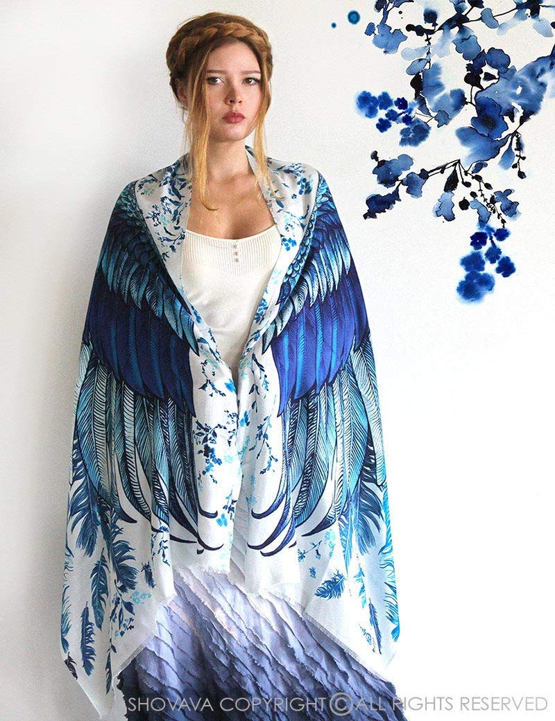 Luxury Blue Silk & Cashmere Scarf with Exquisite Bird Feather Wings Design - Elegant Winter Fashion Accessory for Women, Perfect for Parties, Weddings and Cold Weather Outfits