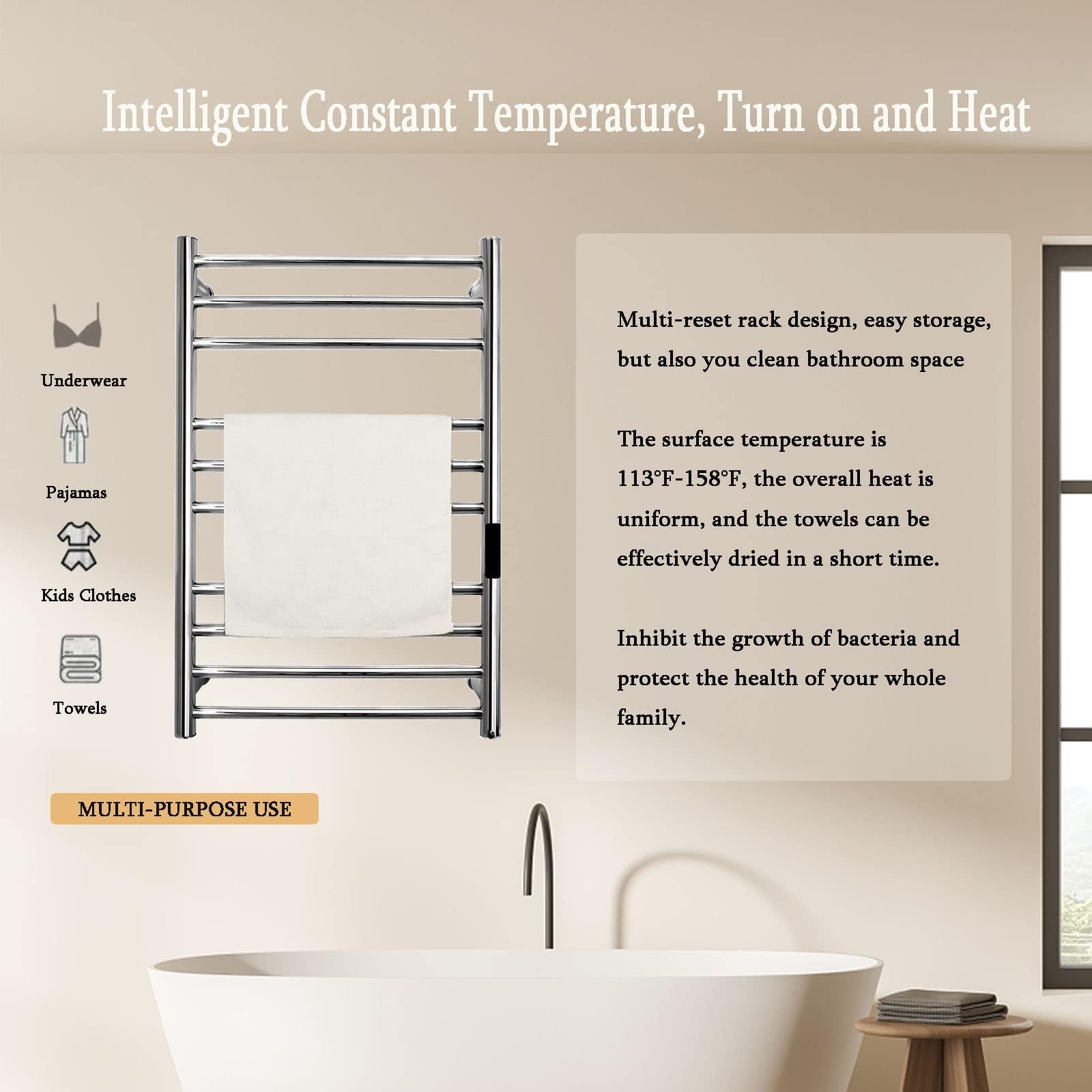 Premium 10-Bar Heated Towel Warmer - 304 Stainless Steel Electric Towel Rack with Built-in Timer | Free Standing & Wall Mounted Bathroom Towel Heater (Plug-in, Silver) | Perfect for Spa-Like Luxury, Cold Mornings & Cozy Bathroom Comfort