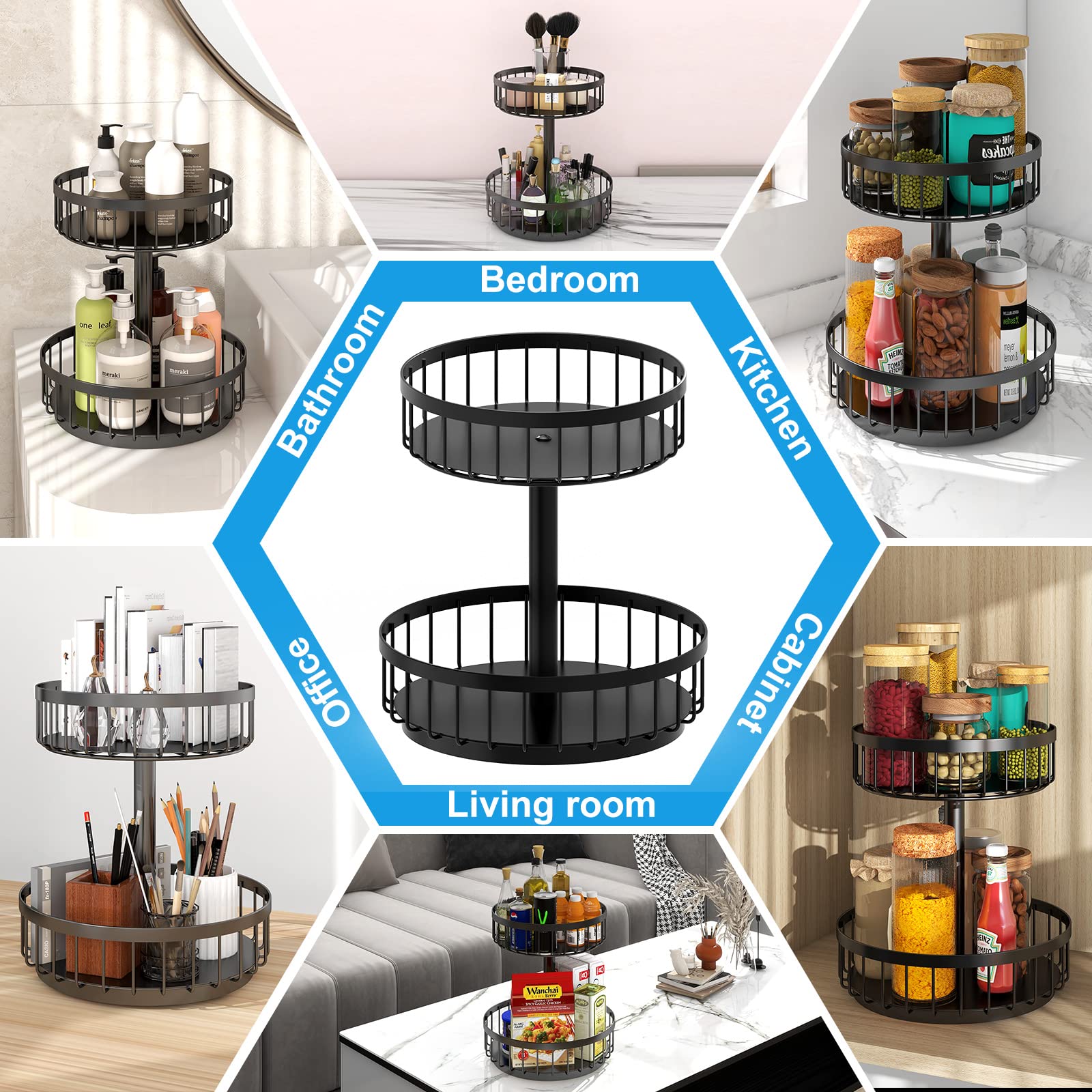 BOIVSHI 2-Tier Lazy Susan Turntable Organizer - 10 Inch Black Spice Rack for Cabinet, Countertop, Bathroom & Pantry - Perfect for Kitchen Storage, Bathroom Essentials & Home Organization