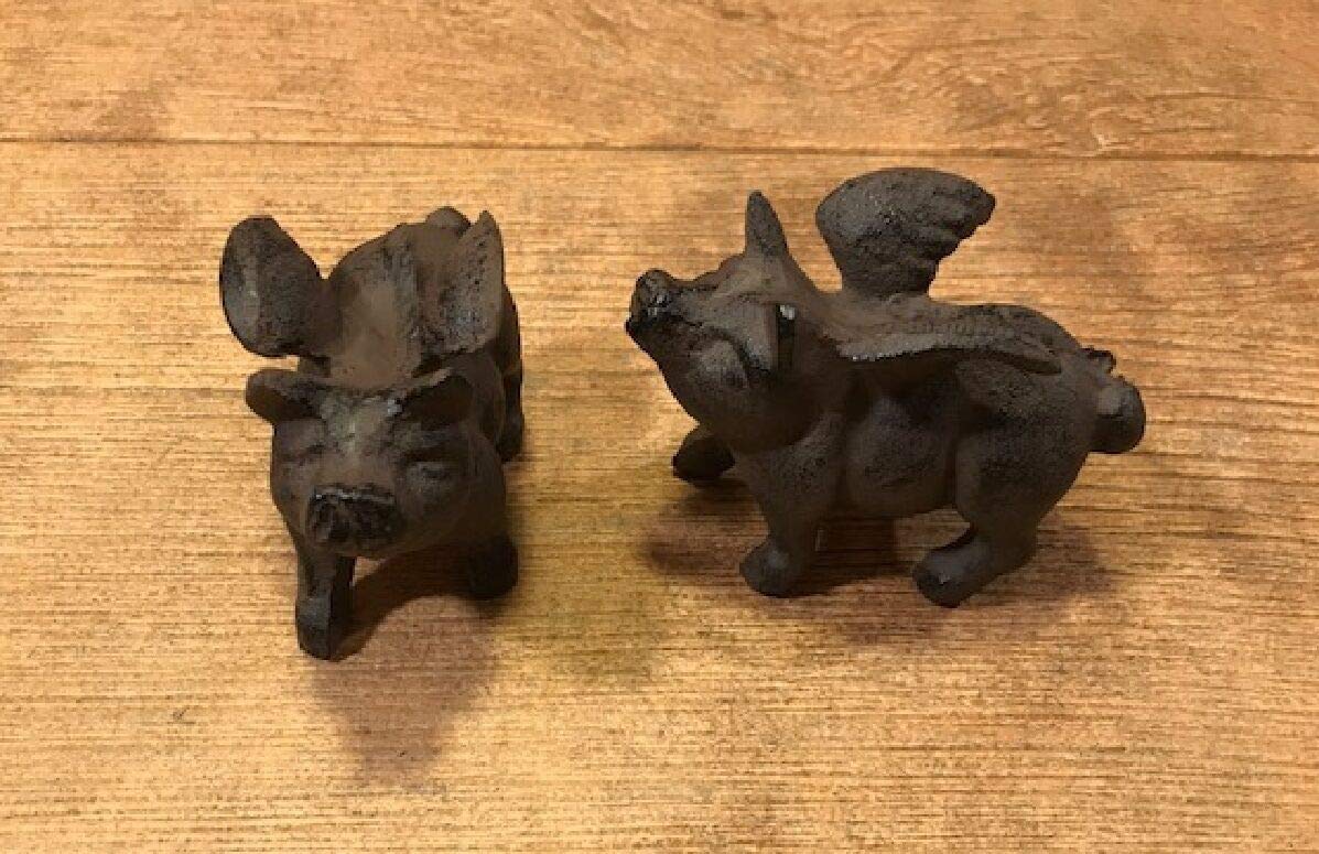 Miniature Cast Iron Flying Pig Paperweight Set of 2 - 1lb Weight, 3.75