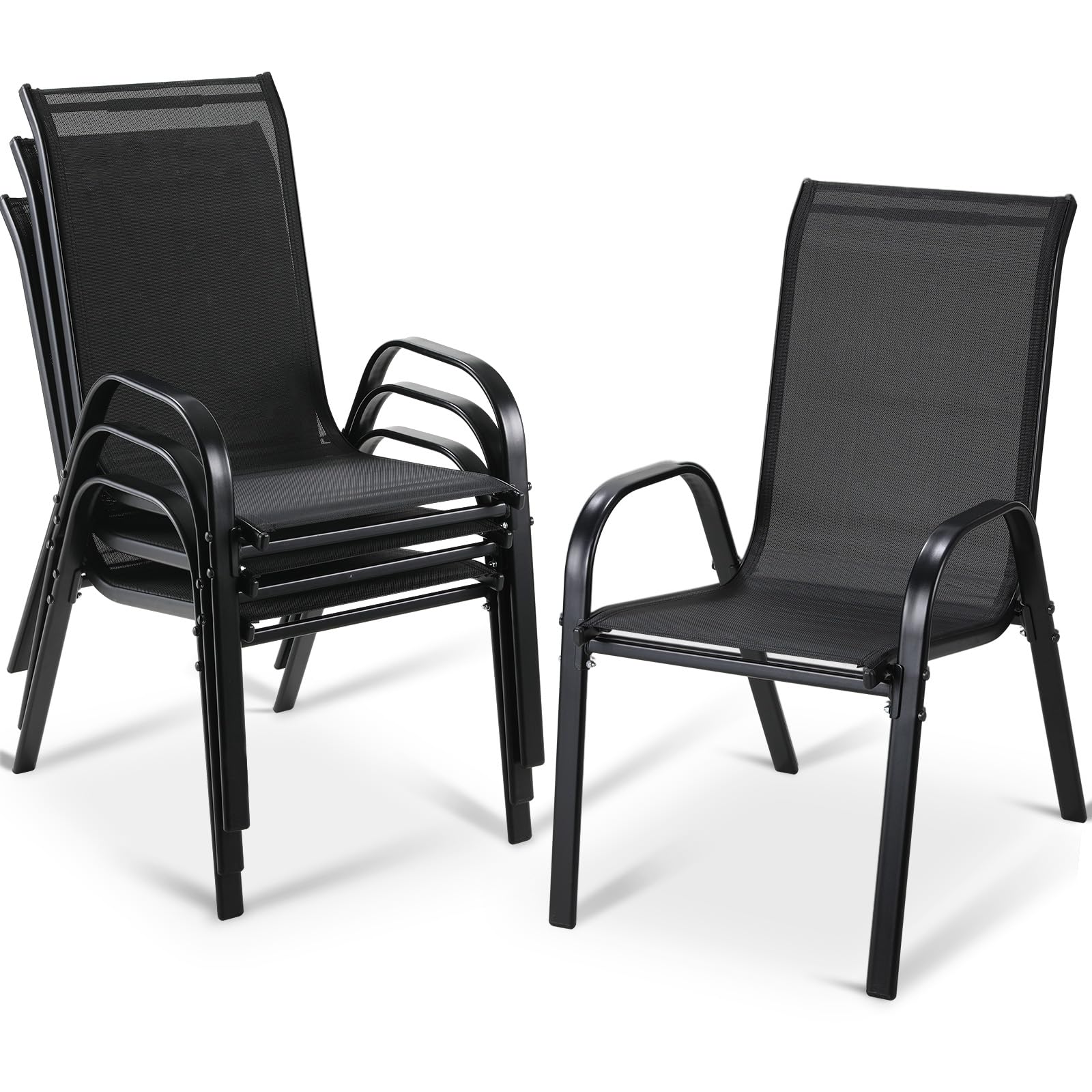 Arlopu 4-Piece Stackable Patio Chairs Set - All-Weather Outdoor Dining Chairs with Armrests & Breathable Fabric - Perfect for Poolside, Backyard, Porch, Garden & Deck (Black) | Durable & Comfortable for BBQs, Parties & Relaxing Outdoors