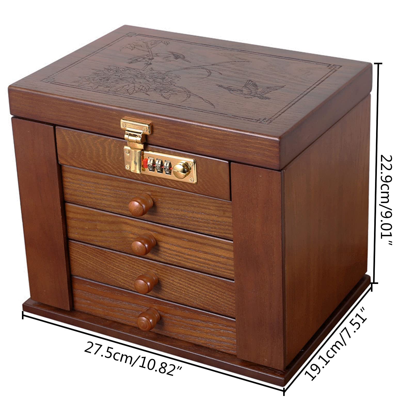 5-Layer 4-Drawer Wooden Jewelry Box Organizer with Combination Lock - Large Dresser Top Jewelry Storage for Women - Mirror & Velvet Lined Interior (Dark Natural, US Stock) - Perfect for Bedroom Vanity, Travel & Gift Giving