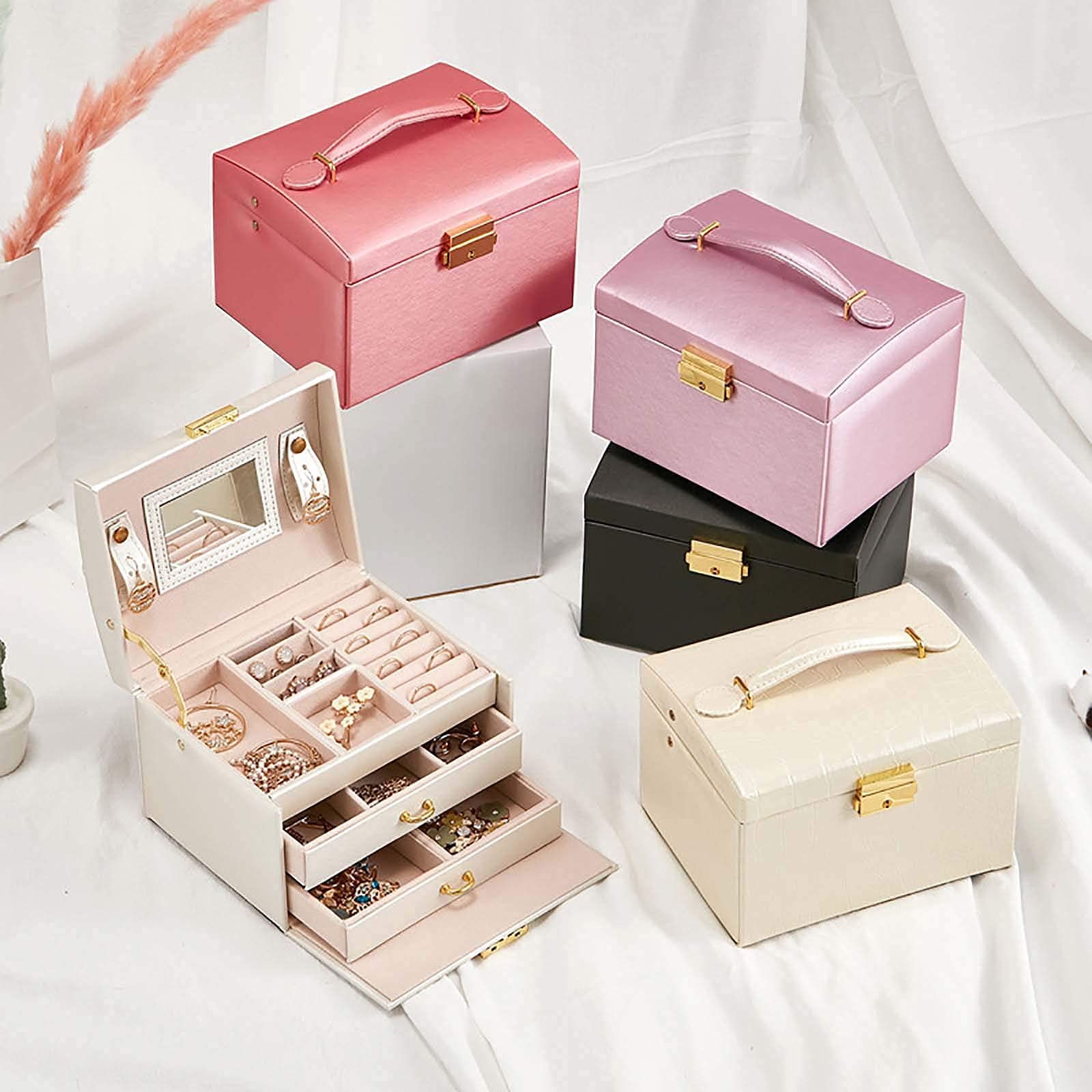 Premium PU Leather Jewelry Box with Mirror & Lock - 2 Drawers & 3 Layers Velvet Organizer for Rings, Bracelets, Earrings, Necklaces - Perfect Gift for Women - Ideal for Travel, Home Storage & Wedding Accessories (White)