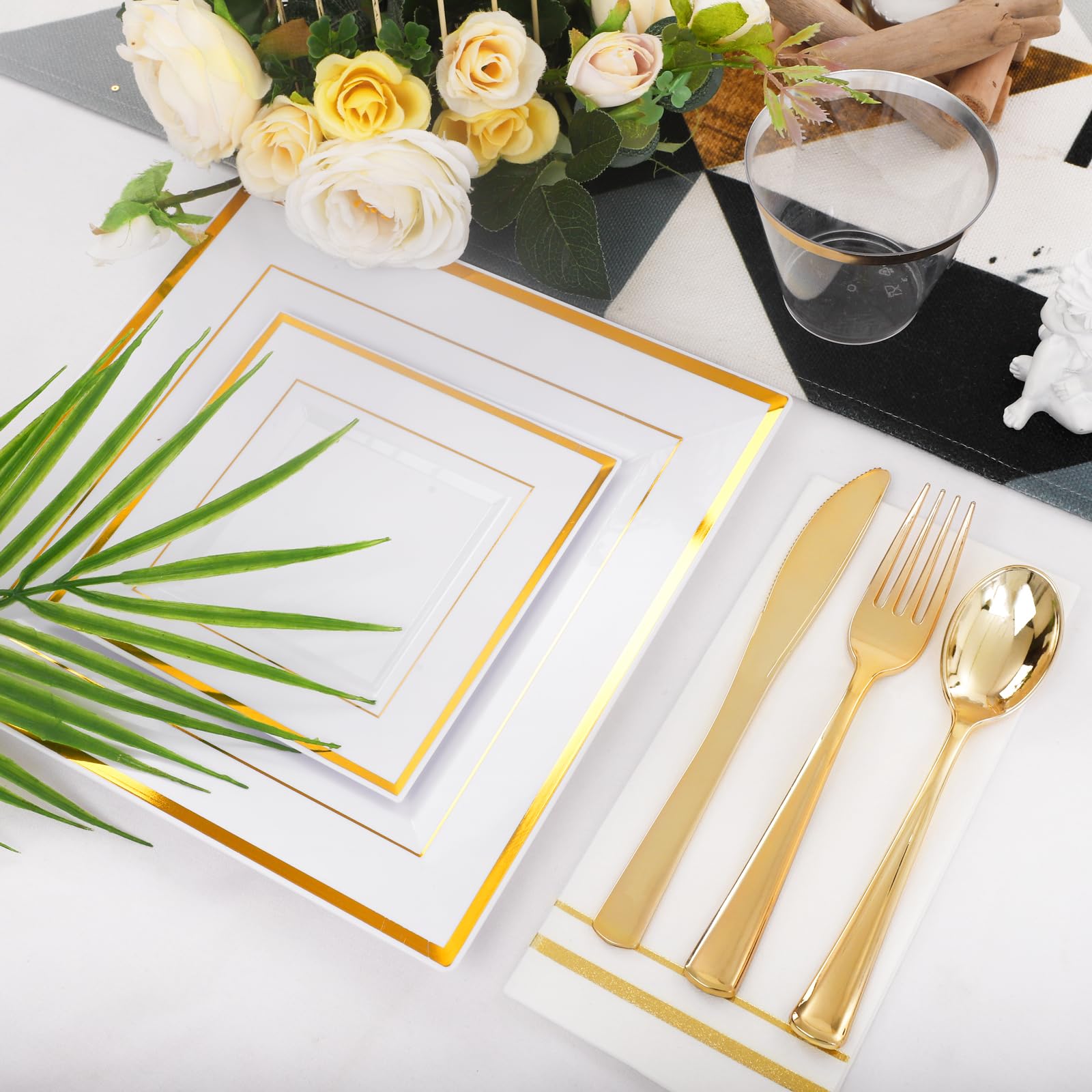 350Pcs Gold Plastic Party Plates Set - Disposable Square Gold Dinner Plates, Dessert Plates, Cups, Cutlery & Napkins for Wedding, Birthday, Anniversary Celebrations - Elegant Tableware for Special Occasions