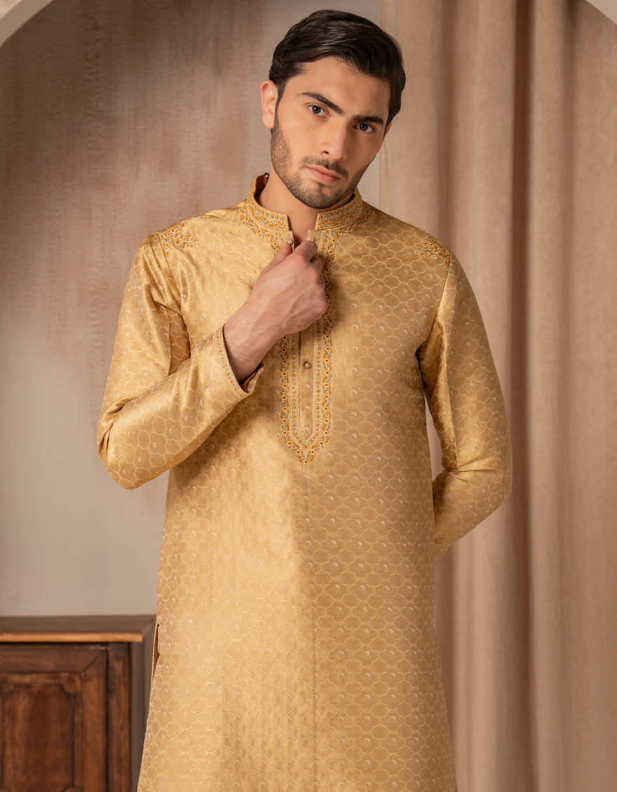 Premium Blended Golden Special Kurta by J. Junaid Jamshed - Elegant Pakistani Traditional Wear for Men, Perfect for Eid, Weddings & Festive Occasions