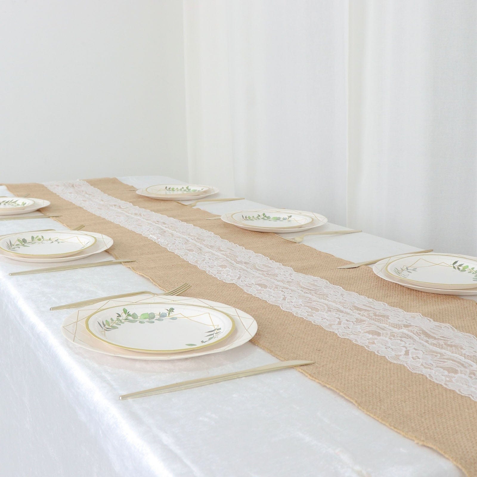 14 x 106 Inch White and Natural Burlap Table Runner with Lace Trim - Perfect for Rustic Weddings, Farmhouse Decor & Holiday Dining