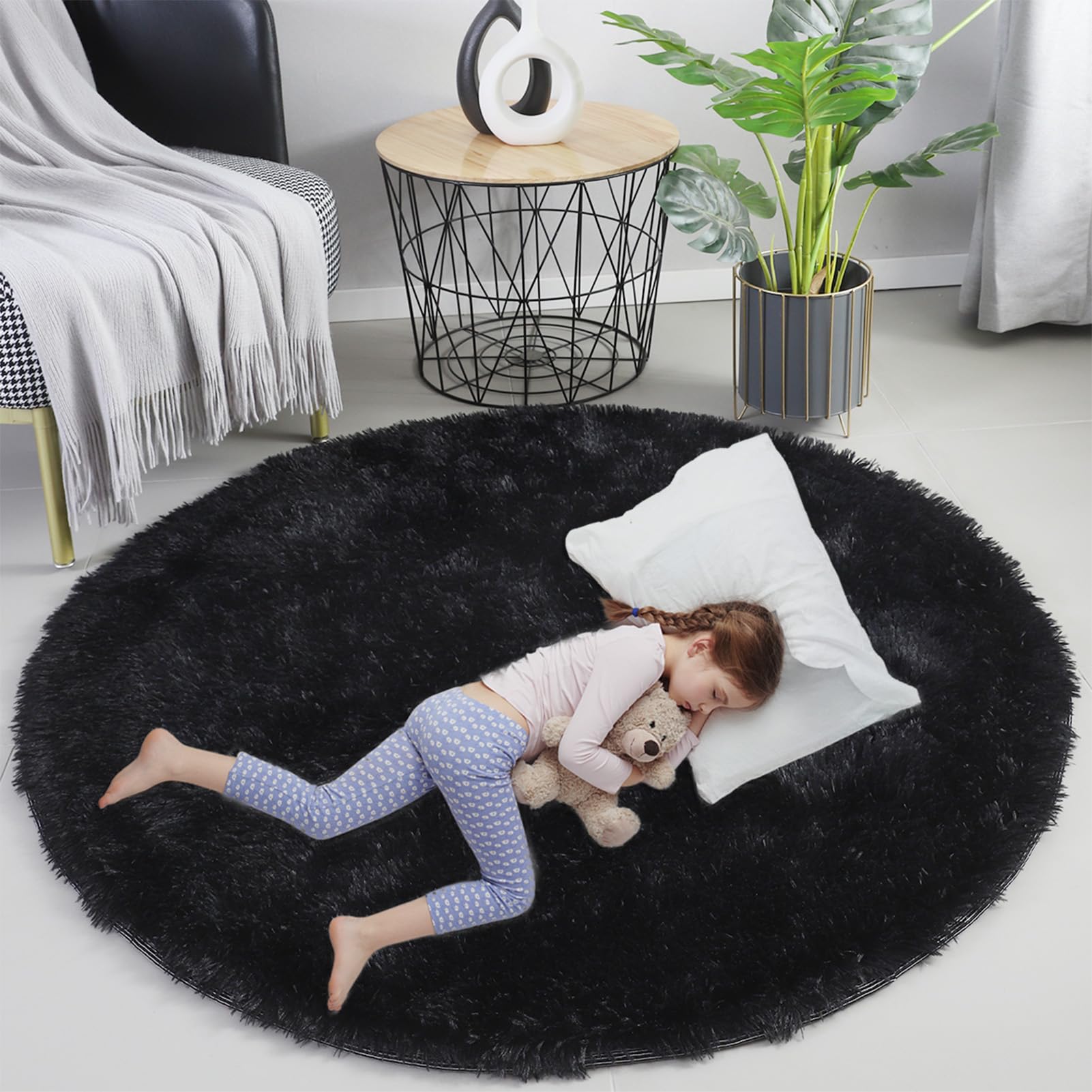 Soft Plush Round Rug 6x6 Feet - Fluffy Circular Area Rug for Kids Room, Nursery, Bedroom & Teen's Room - Black Long Pile Carpet for Cozy Home Decor (Perfect for Play Areas, Dorm Rooms & Living Spaces)