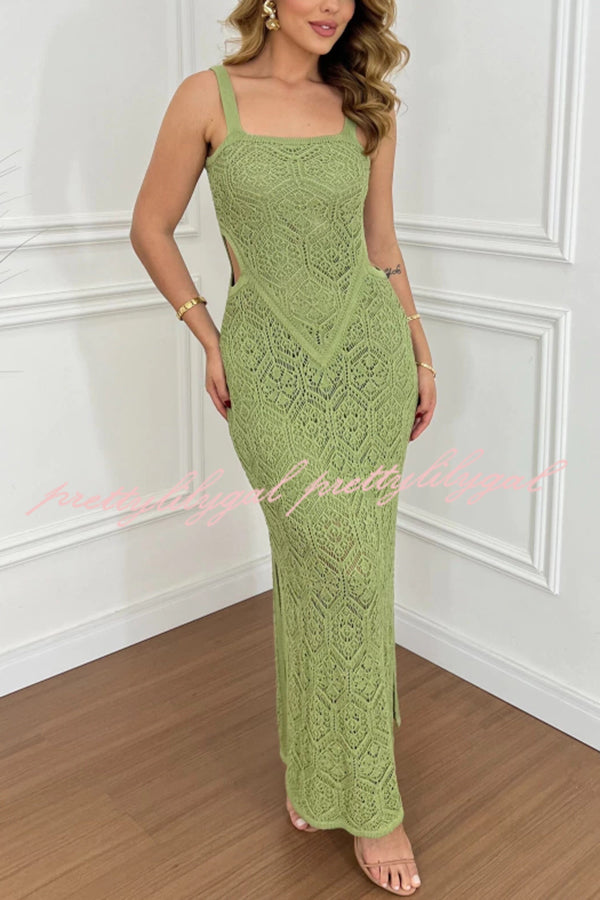 Zafina Women's Crochet Knit Cutout Waist Textured Slit Stretch Maxi Dress - Elegant Boho Summer Beach Party & Wedding Guest Outfit