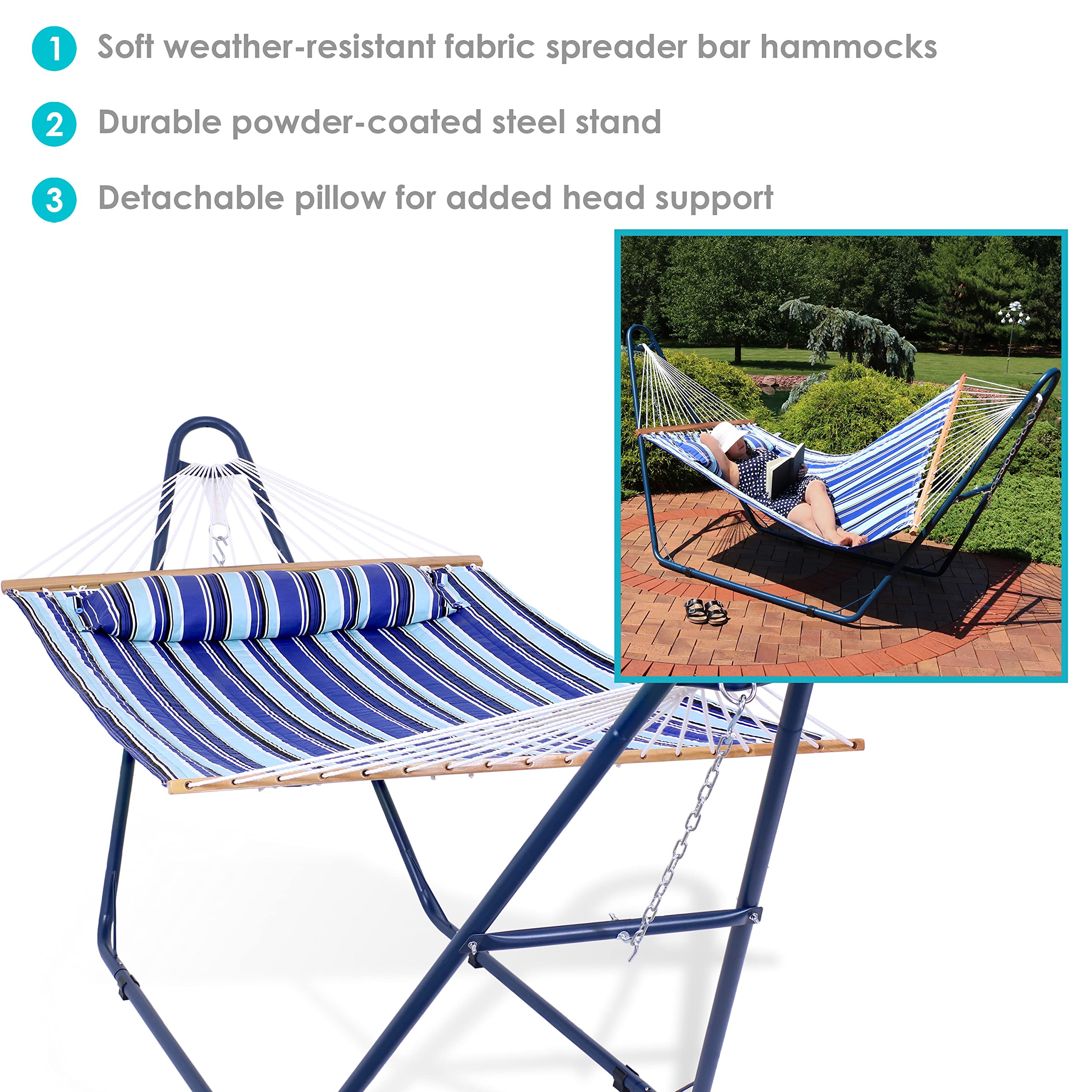 Sunnydaze Double Quilted Fabric Hammock with Universal Steel Stand - 450 lb Weight Capacity - Blue Stand - Catalina Beach Pattern - Perfect for Backyard, Patio, Poolside & Beach Relaxation