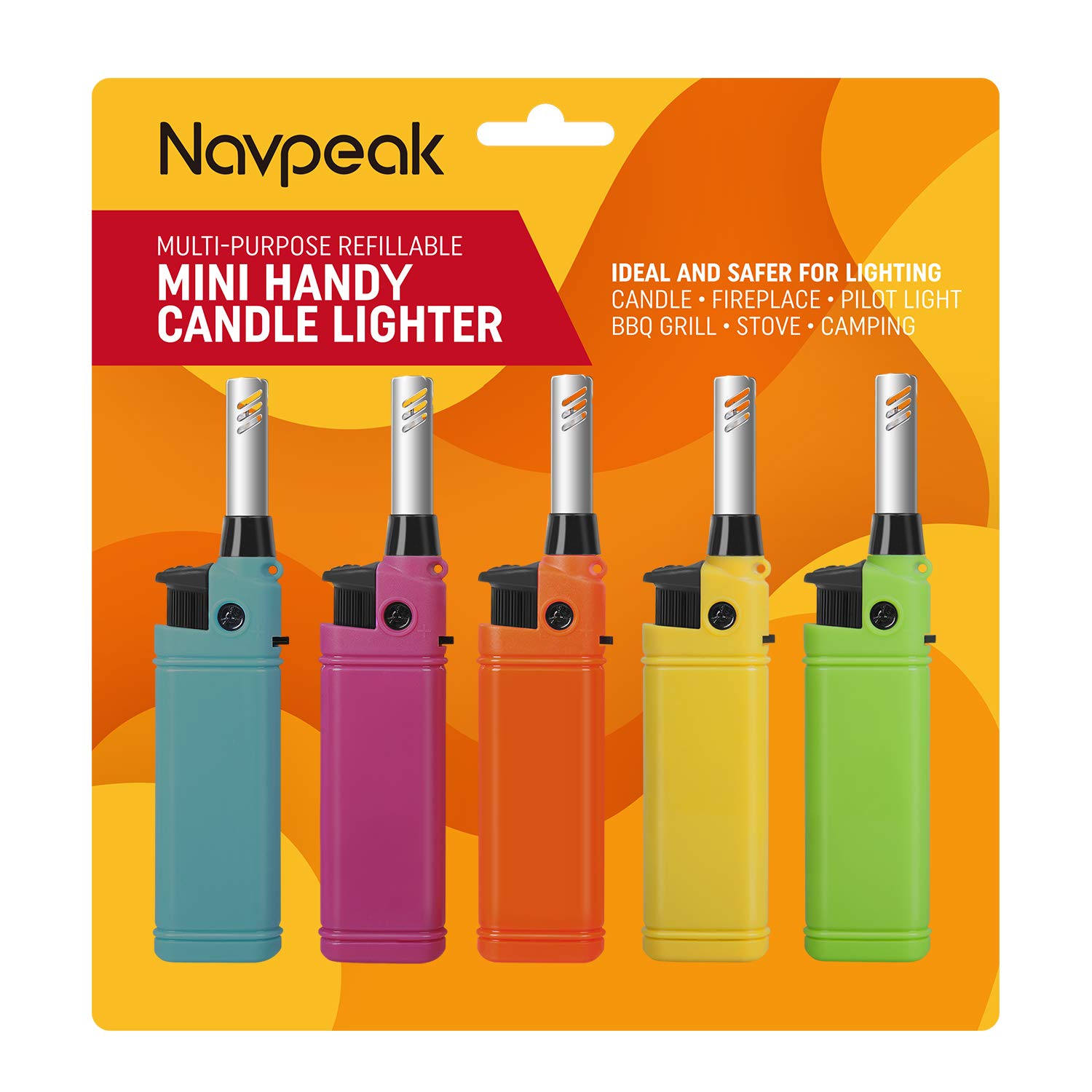 Navpeak Mini Candle Lighter - 5 Pack Refillable Butane Utility Lighters with Extended Wand for Kitchen, Fireplace, BBQ, Stove & DIY Projects | Perfect for Camping, Home Use & Outdoor Cooking