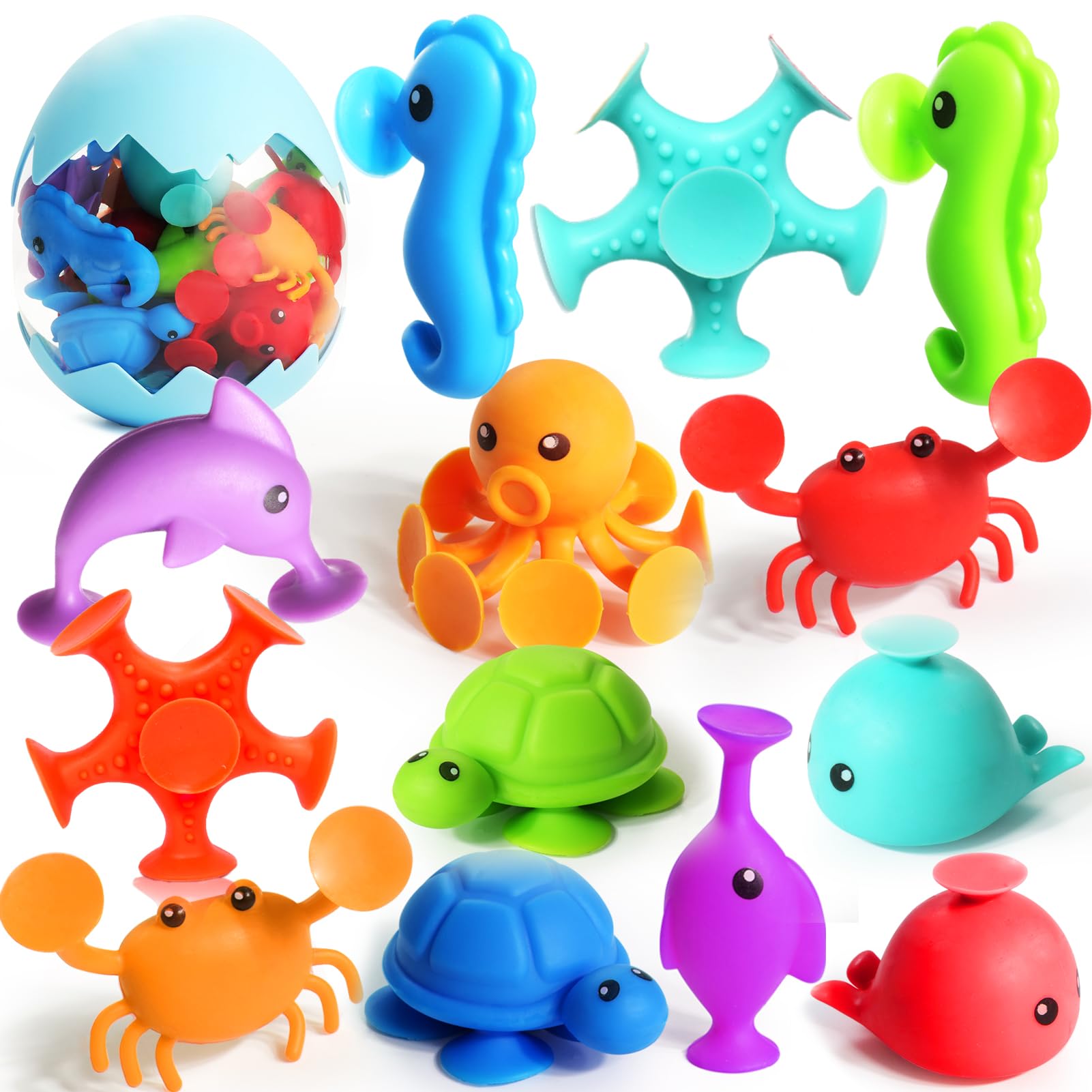 Suction Bath Toys for Kids - Fine Motor Window Toys, Silicone Ocean Animal Suction Cup Toys with Dinosaur Eggshell, Sensory Travel Toys for Toddlers, Autism/ADD/ADHD Friendly - Perfect for Bathtime Fun, Car Windows, and Sensory Play Therapy