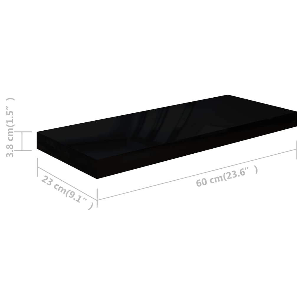 Modern Floating Shelves Set of 3 - Wall Mounted Shelves for Bedroom & Living Room - High Gloss Black MDF Decorative Wall Shelves 23.6