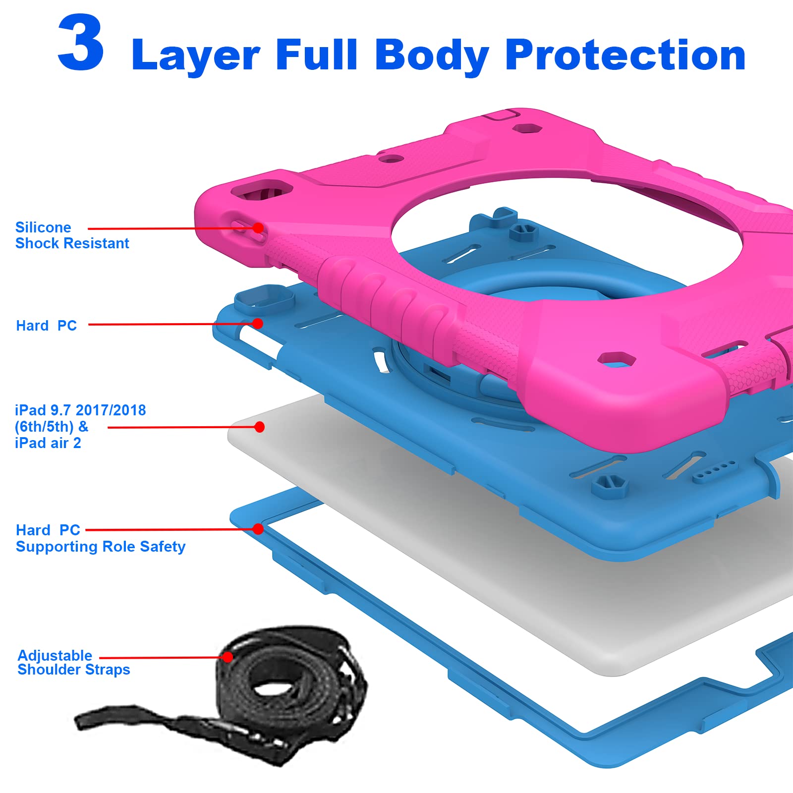 Heavy Duty iPad Case for iPad 6th/5th Generation 9.7 inch (2018/2017) & iPad Air 2/Pro 9.7 inch - Shockproof Protective Cover with Pencil Holder, Adjustable Shoulder Strap & 360° Rotating Stand (Pink+Blue) - Perfect for Travel, School & Outdoor Activities