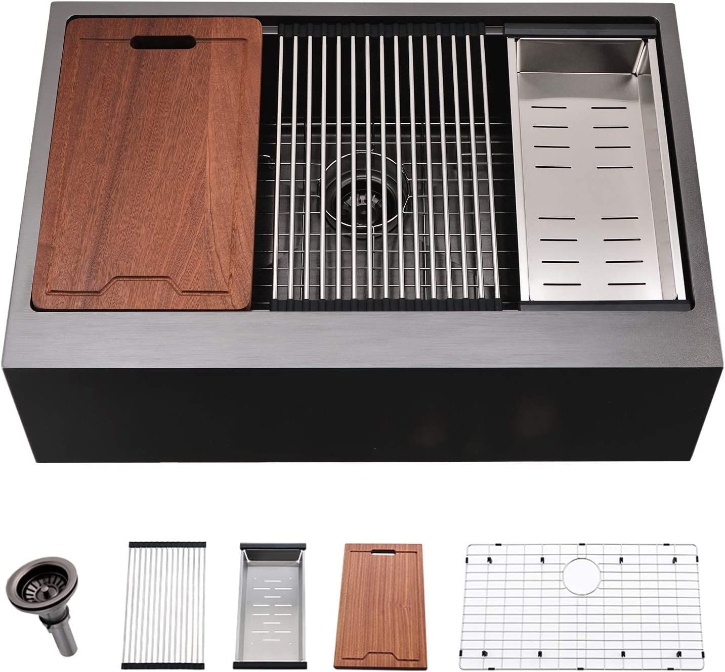 PEPO 33 Inch Farmhouse Kitchen Sink - Black Stainless Steel Workstation Apron Sink, 16 Gauge Single Bowl with Accessories | Perfect for Rustic & Modern Farmhouse Kitchens, Restaurants & Commercial Use