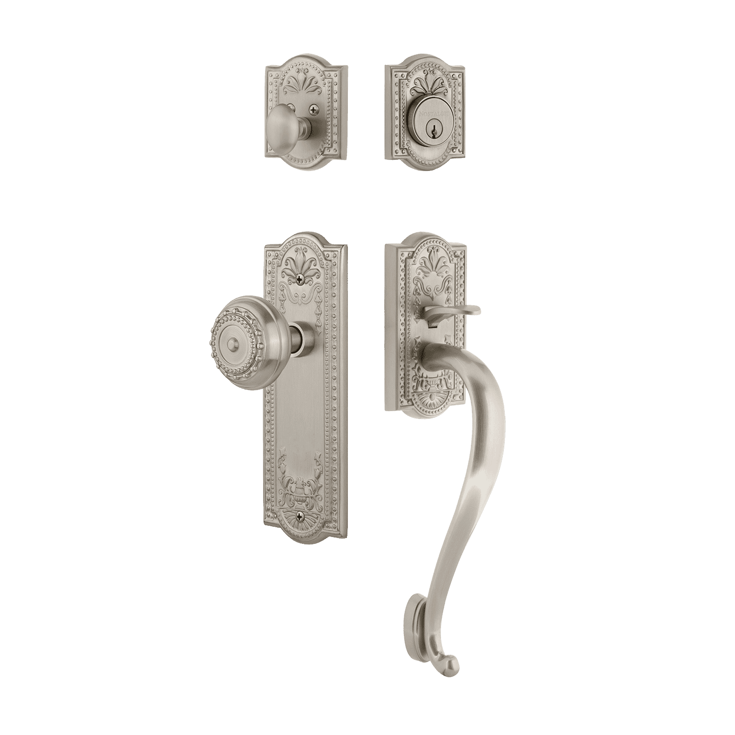 Meadows Satin Nickel Handleset with S Grip & Long Plate - Modern Door Knob for Home Interior, Bedroom, Office & Entryway