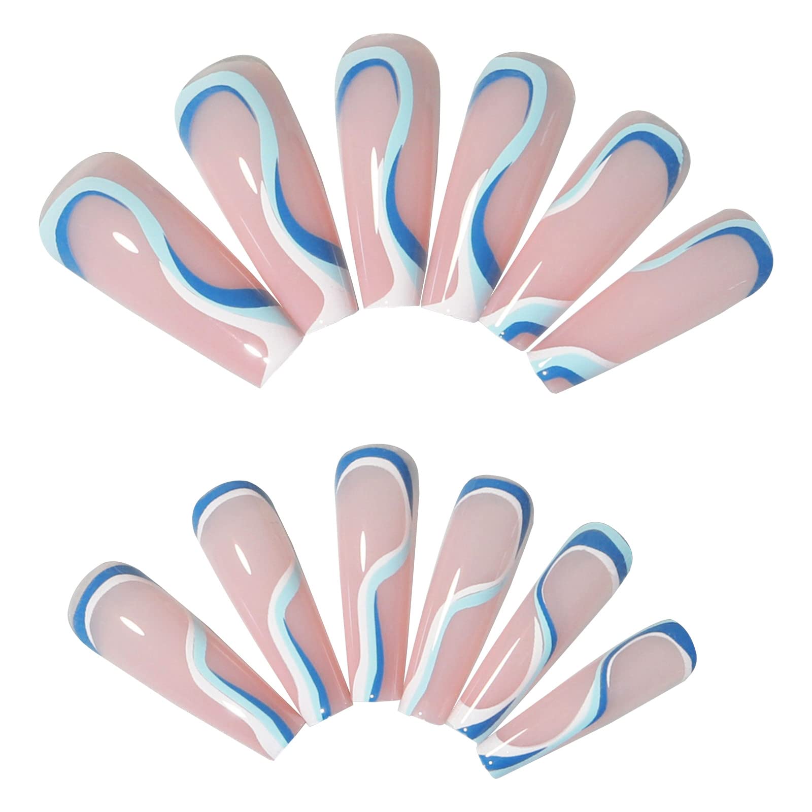 24Pcs Blue Striped Press On Fake Nails with Nail Glue - Acrylic Nail Tips Set for Women & Girls - Perfect for Parties, Weddings, Daily Wear (One Size)