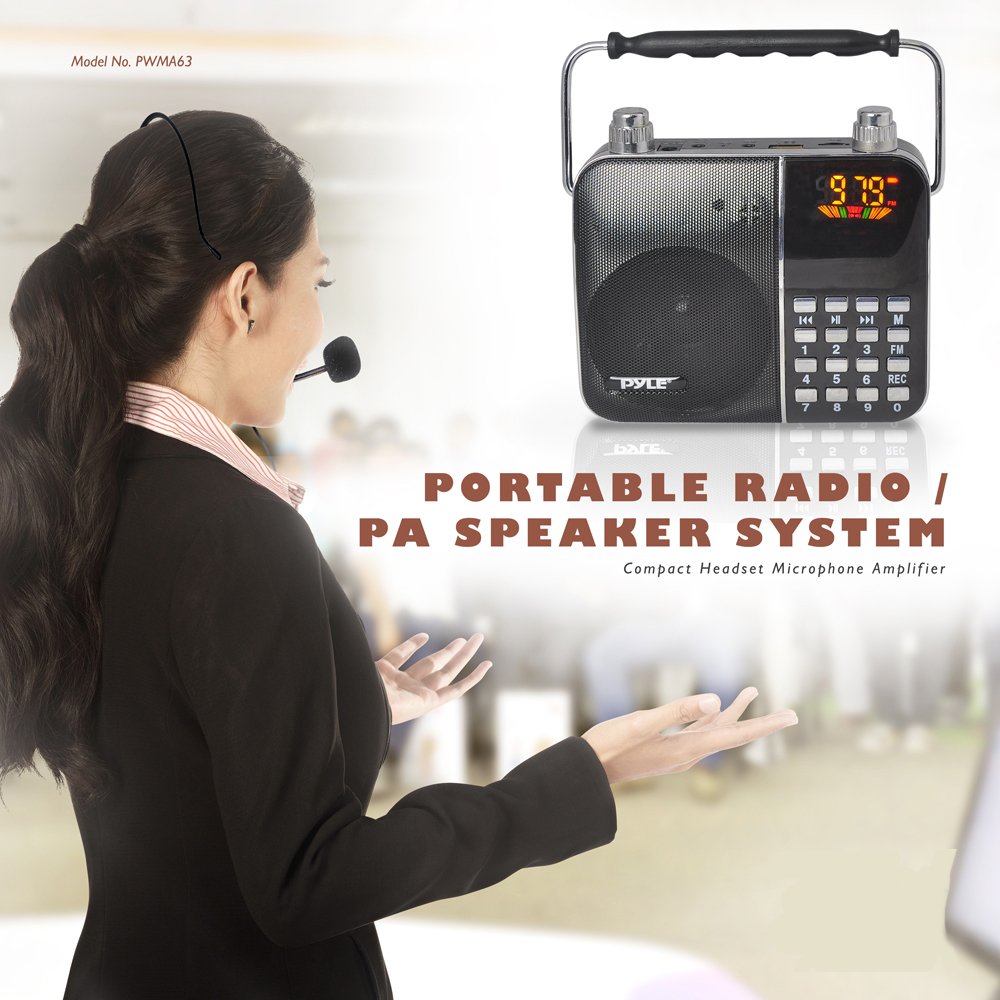 Pyle PWMA63 Portable Lightweight Headset Microphone with Voice Amplifier & FM Radio - Digital LCD Display, USB/SD Card Slot - Perfect for Teachers, Presentations, Karaoke, Tour Guides, Public Speaking & Outdoor Events