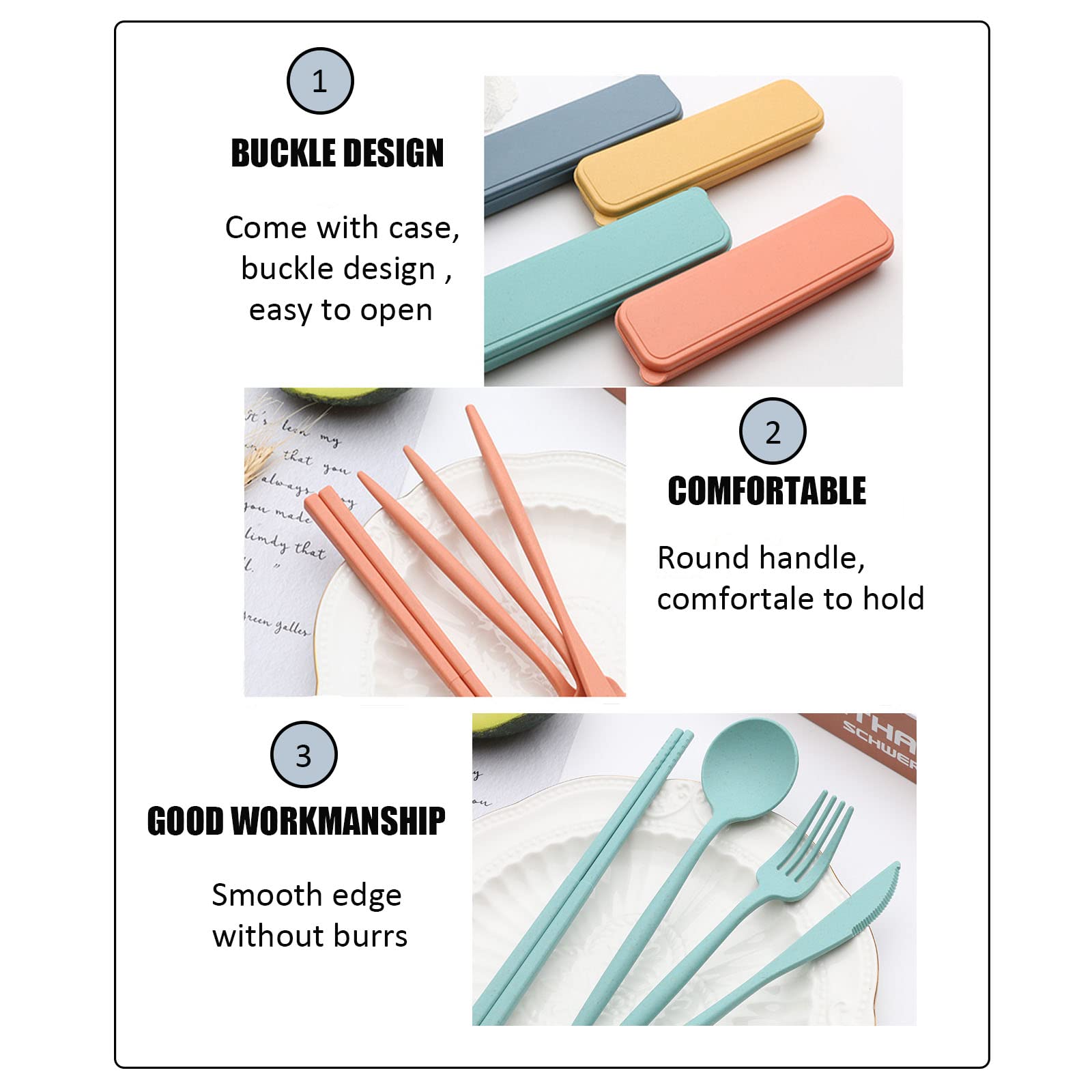 4-Piece Eco-Friendly Wheat Straw Cutlery Set - Reusable Spoon, Fork & Chopsticks with Travel Case | BPA-Free Portable Utensils for Lunch Box, Travel, Picnic, Camping & Office Use (4 Color Options)