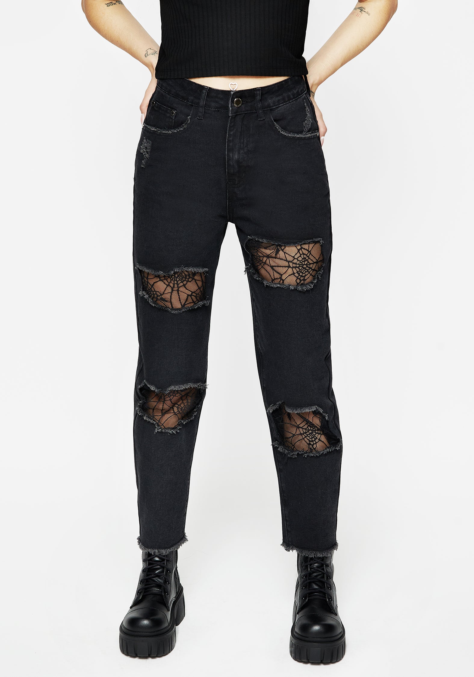 Vintage Distressed Denim Jeans for Women - High Waisted Ripped Skinny Jeans with Cobweb Details | Perfect for Casual Outfits, Streetwear & Night Out Looks