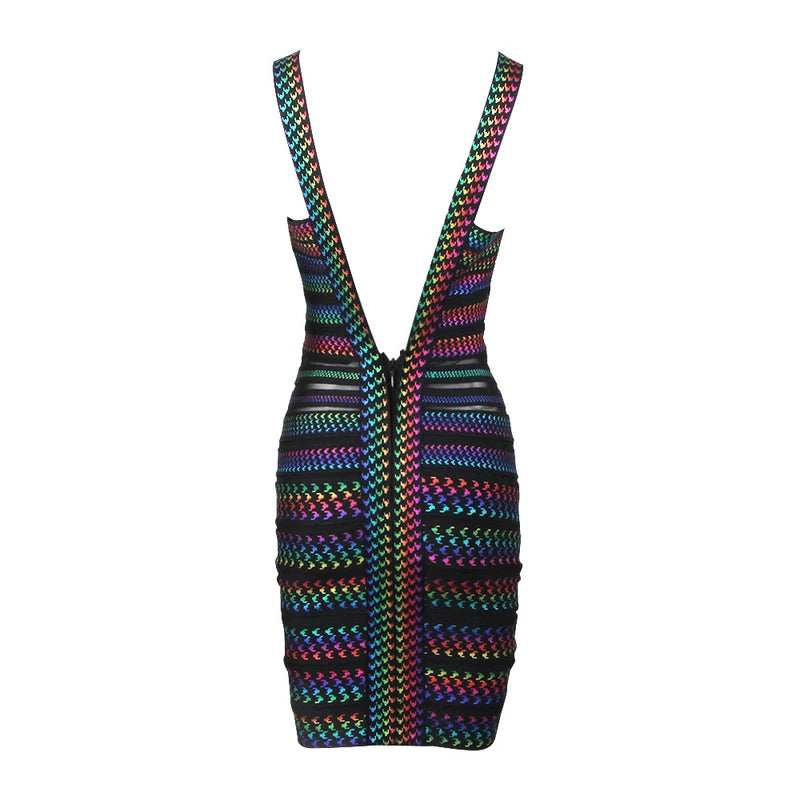 Celebrity-Inspired Colorful Striped Foil Print Rayon Bandage Bodycon Dress for Evening Parties & Night Out | Sexy Clubwear & Cocktail Dress for Women