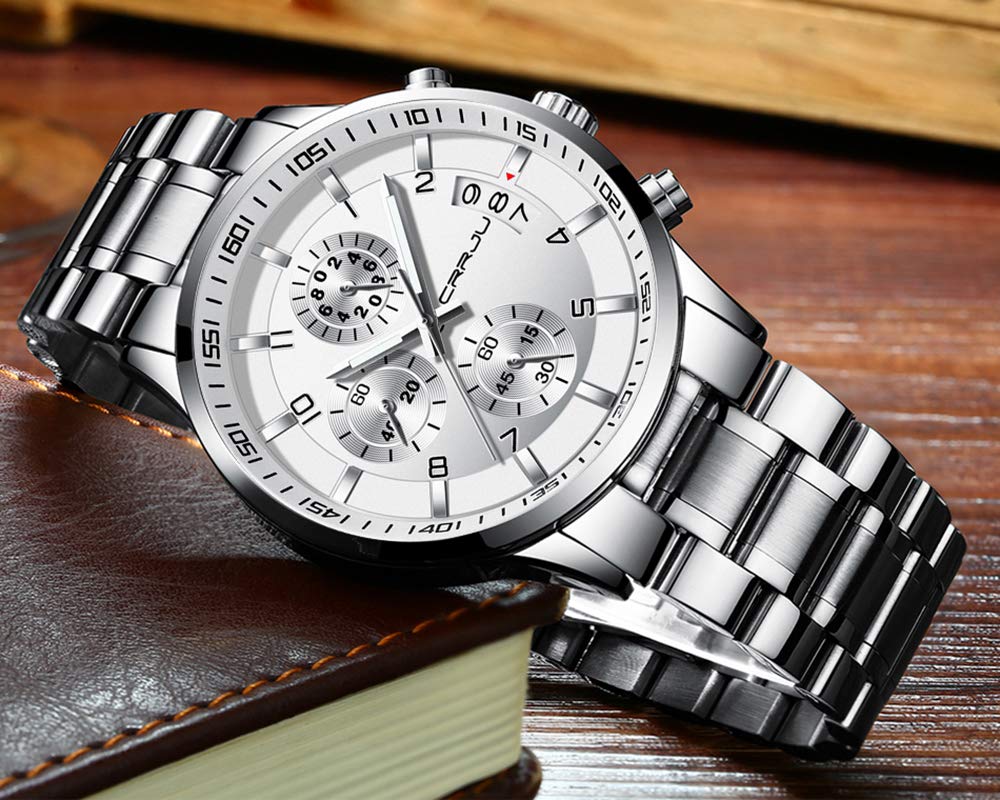 CRRJU Men's Stainless Steel Waterproof Watch - Date Chronograph for Outdoor & Business