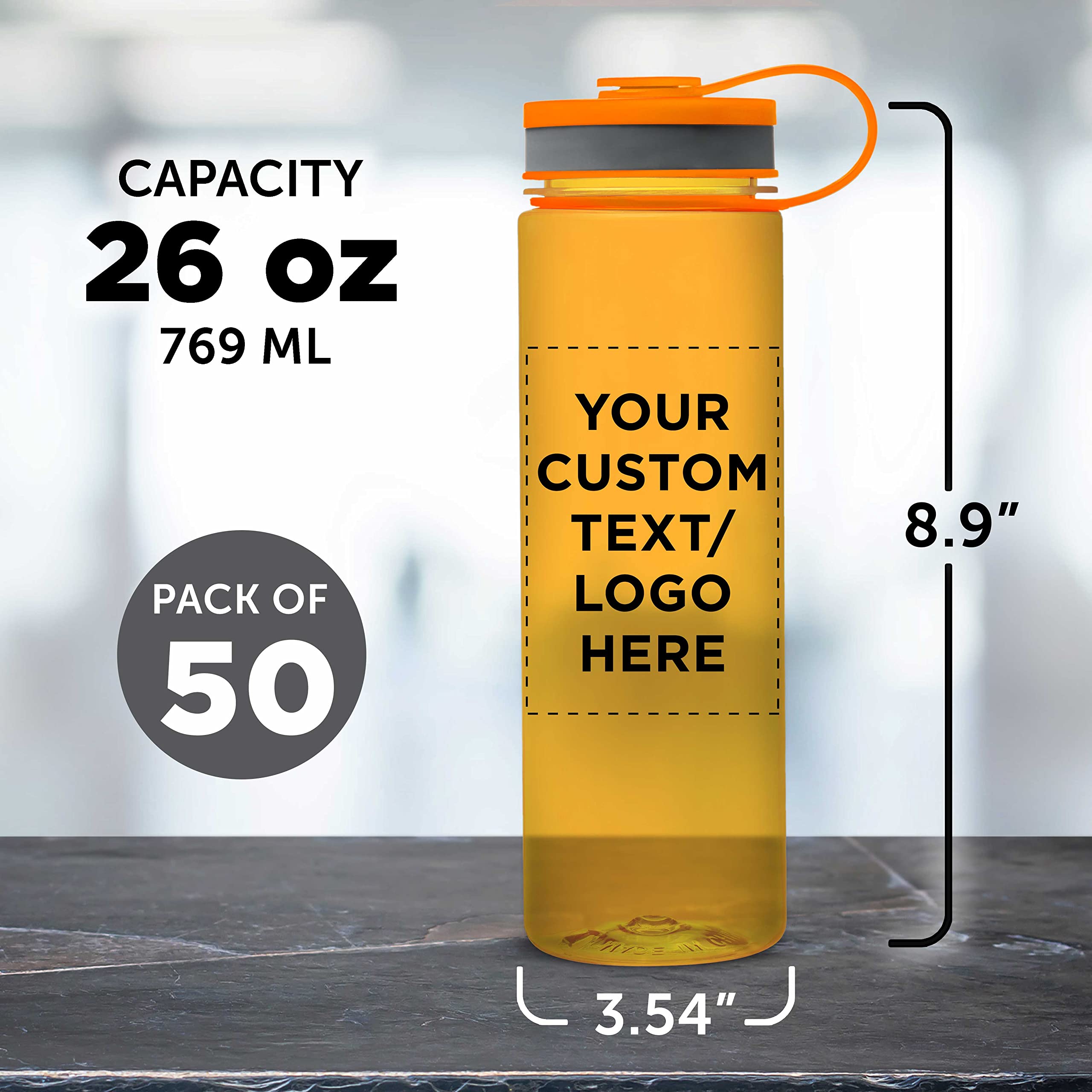 Custom 26 oz Wide Mouth Water Bottles - Bulk Pack of 50, BPA Free, Personalized with Logo - Perfect for Gym, Camping, Hiking, School & Team Events - Orange Sports Water Bottles for Hydration On The Go