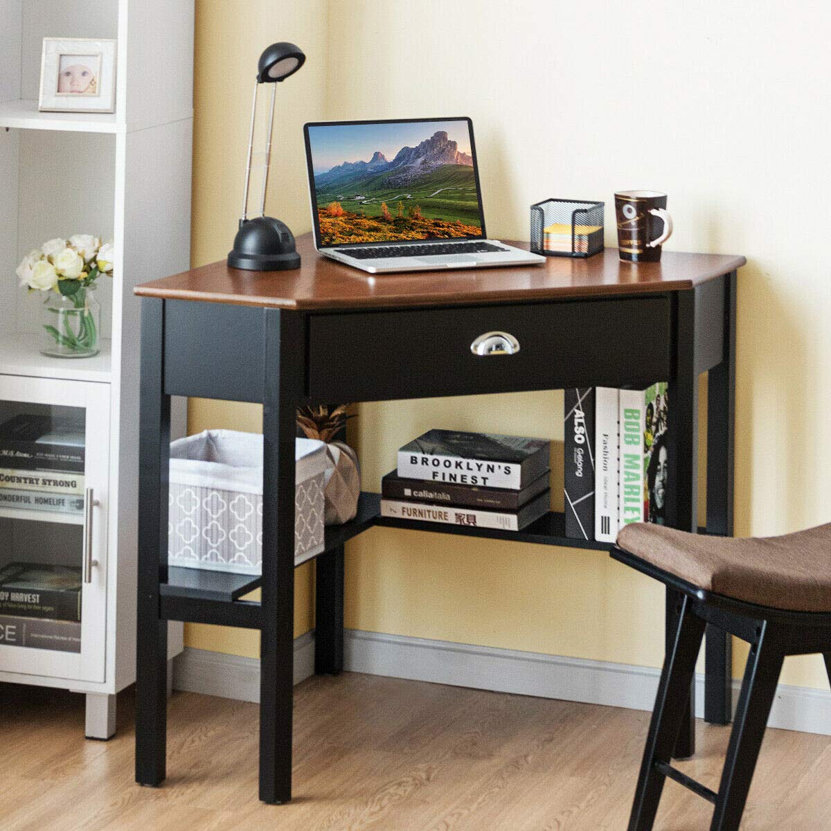 Compact Corner Desk for Home Office - 90° Triangle Computer & Laptop Writing Desk with Storage Shelf & Drawer - Space-Saving Small Office Furniture for Apartments & Dorm Rooms (Coffee Finish)