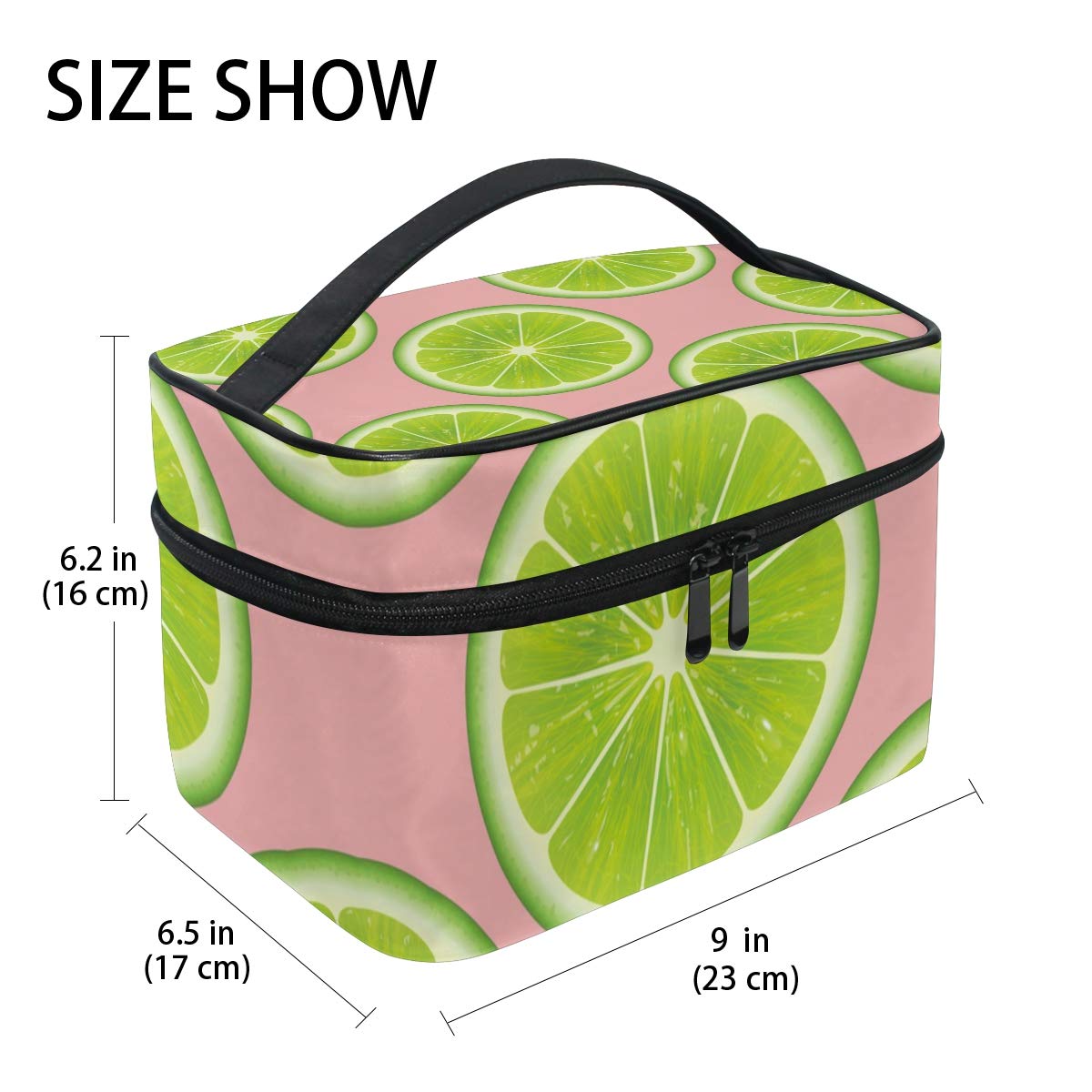 Green Fresh Lime Pattern Cosmetic Bag - Pink Background Travel Train Case, Portable Toiletry Organizer for Makeup & Storage | Perfect for Travel, Gym, and Daily Use