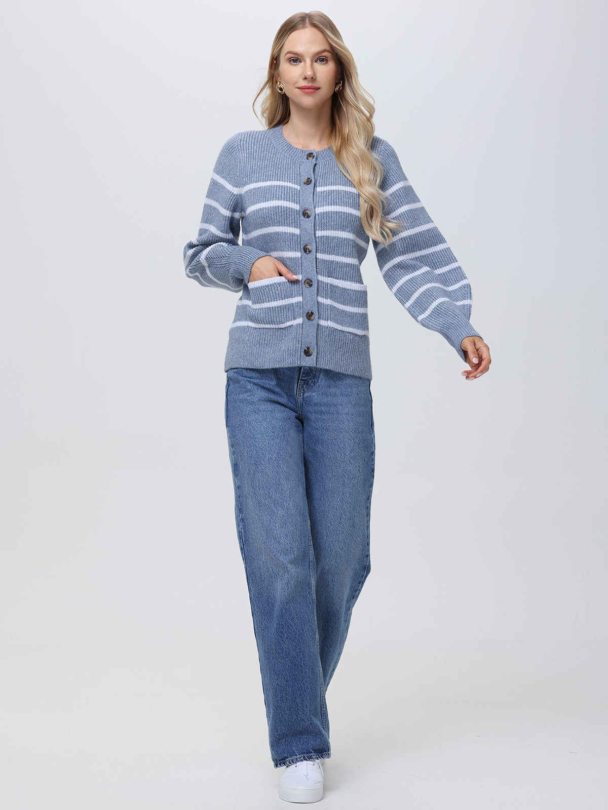 Josie Women's Crewneck Stripe Cardigan Sweater | Soft Knit Long Sleeve Open Front Wrap | Casual Fall Winter Fashion | Perfect for Office, Date Night & Coffee Dates