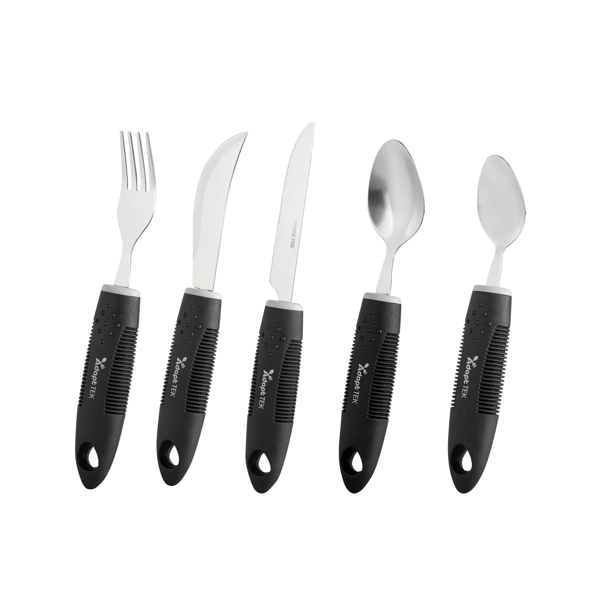 Adapt Tek Black Stainless Steel 5-Piece Adaptive Utensil Set - Lightweight, Non-Slip Grip, Ergonomic Design for Easy Eating - Perfect for Seniors, Arthritis & Hand Mobility Challenges (1 Count Box)