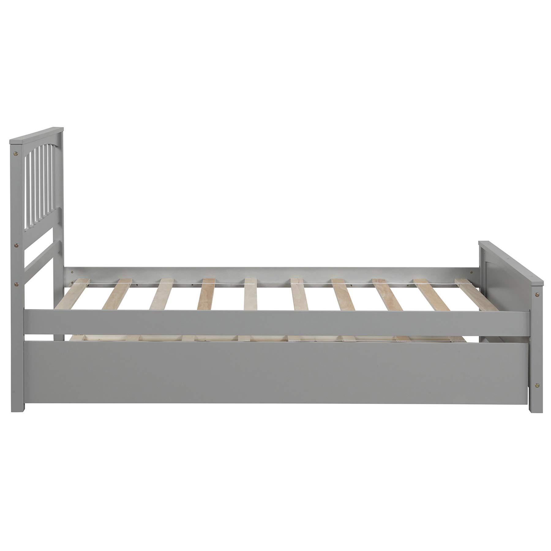 P PURLOVE Twin Size Wood Platform Bed Frame with Trundle - No Box Spring Needed, Gray - Perfect for Kids Rooms, Guest Beds & Small Spaces