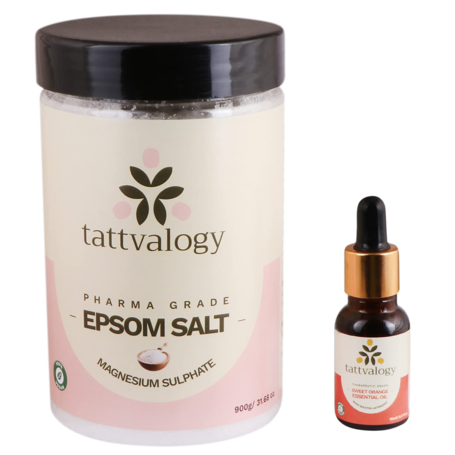 Tattvalogy Epsom Salt with Sweet Orange Essential Oil - Vitamin C & Magnesium Sulfate Enriched | Muscle Relief, Foot Soak, Bath & Home Spa | Relaxing Body Care Combo Pack | Perfect for Post-Workout Recovery, Stress Relief & Aromatherapy