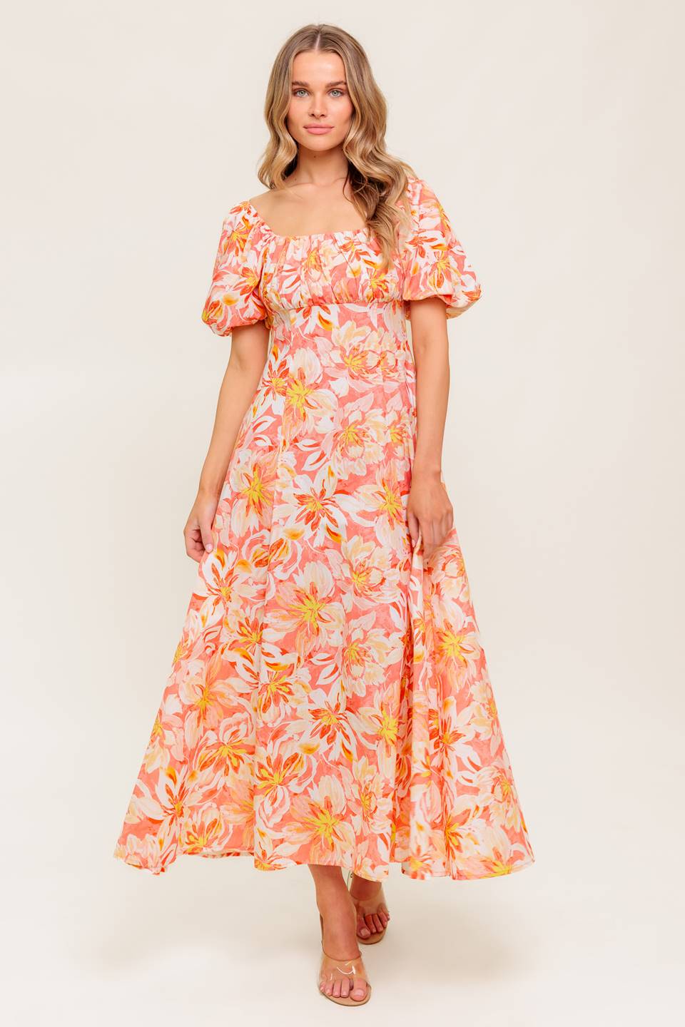 Island Flowers Puff Sleeve Midi Dress in Coral - Perfect for Summer Beach Vacations, Garden Parties & Boho Chic Outfits