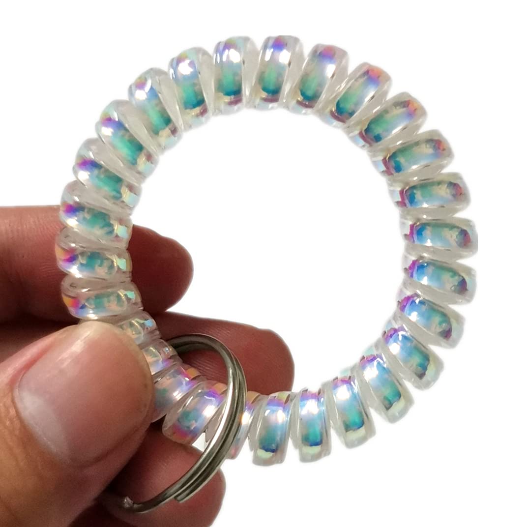 Iridescent Stretchy Spiral Wrist Coil Keychain Bracelet - Pack of 3 (White) | Durable Spring Ring Holder for Keys, Jewelry & Accessories | Perfect for Key Organization, Gift Giving & Fashion Accessories