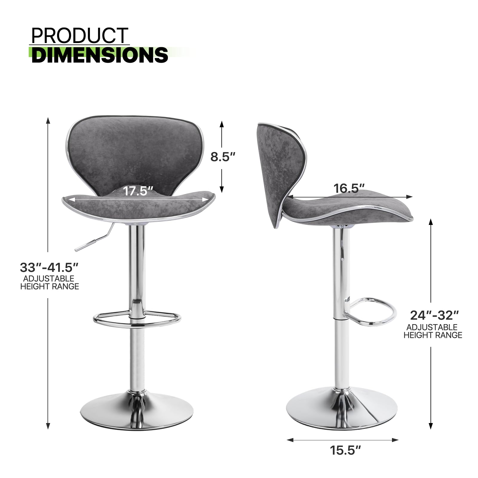 Magshion Set of 2 Modern Velvet Upholstered Adjustable Swivel Bar Stools - Kitchen Counter Height Barstools with Grey Velvet Seating - Perfect for Home Bars, Kitchen Islands & Dining Areas