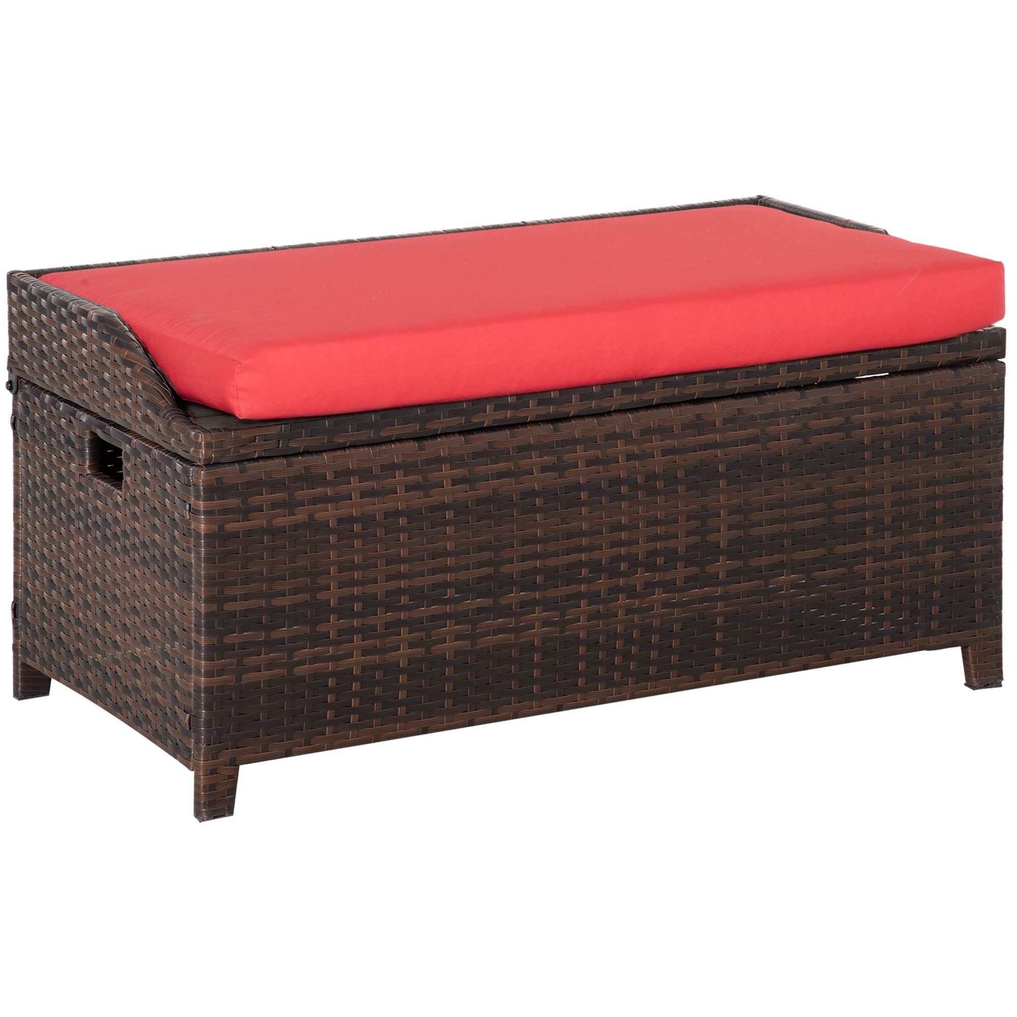 Outsunny Outdoor Wicker Storage Bench Deck Box - Waterproof PE Rattan Patio Furniture with Cushion & Storage Bag - Perfect for Poolside, Garden, and Deck Organization (Red)