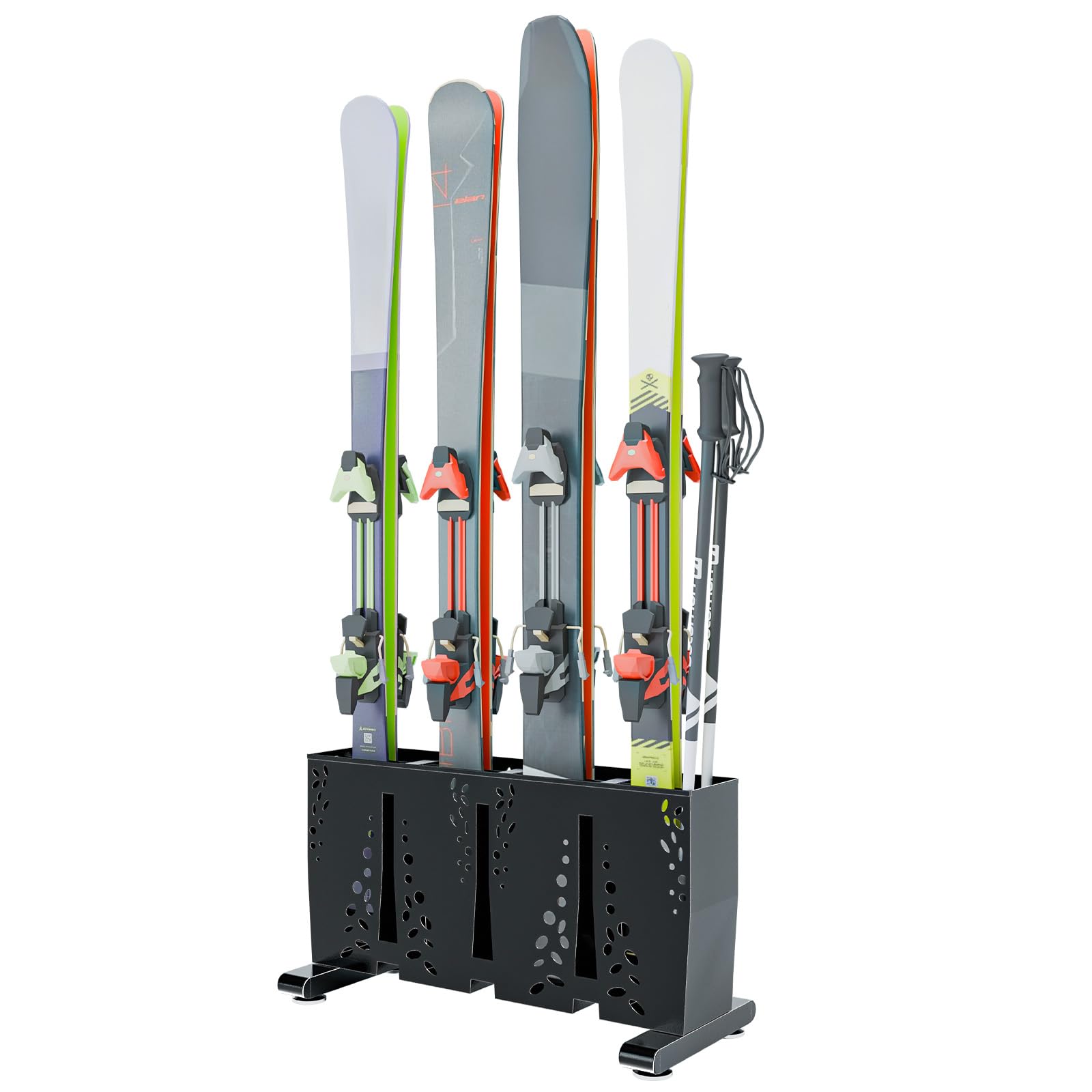 Heavy Duty 4 Pair Freestanding Steel Ski Storage Rack for Garage & Home - Indoor Ski Holder Organizer for Snowboards, Skis & Winter Gear - Perfect for Ski Equipment Storage in Basement, Mudroom or Cabin