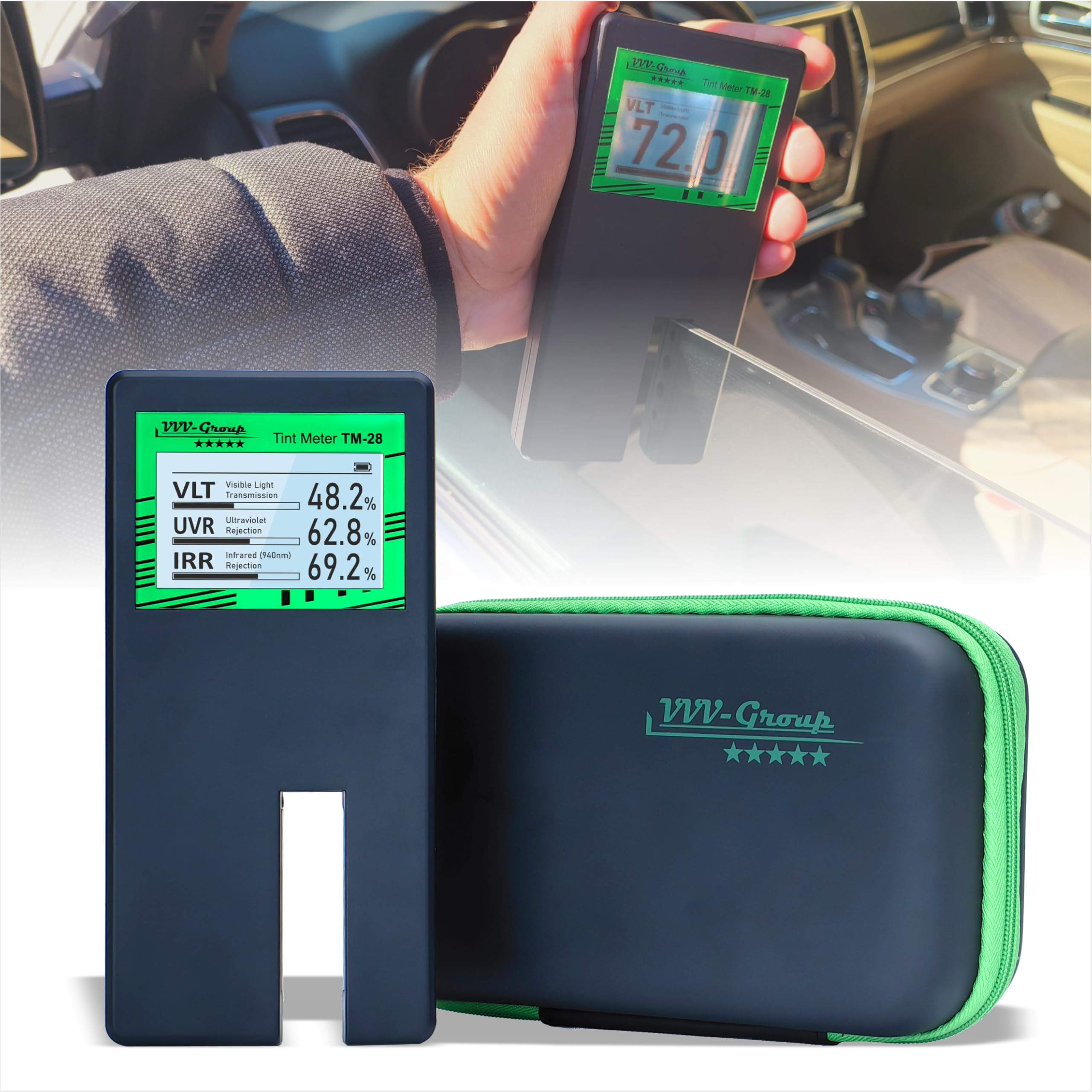 Digital Car Window Tint Meter TM-28 - Professional Auto Tint Tester for Light Transmission, UV/IR Protection Measurement with Auto Calibration & Rotatable Display | Perfect for Vehicle Inspection, Law Enforcement & DIY Car Tinting