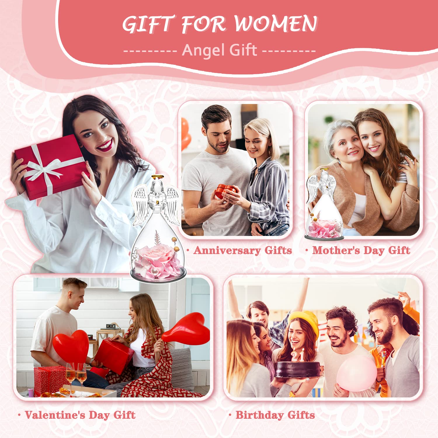 Mother's Day Rose Angel Figurine Gift Set - Elegant Glass Rose with Angel for Women, Birthday, Anniversary & Thanksgiving - Perfect Gift for Mom, Wife & Loved Ones (Home Decor, Wedding Centerpiece, Romantic Gift Idea)