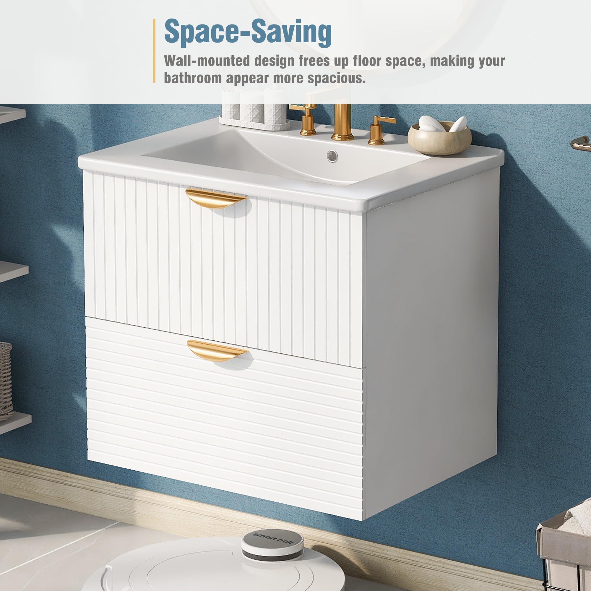 Polibi Modern 24-Inch Floating Wall-Mounted Bathroom Vanity with 2 Drawers & Top Sink - Space-Saving Storage Solution for Small Bathrooms, Powder Rooms & Apartments