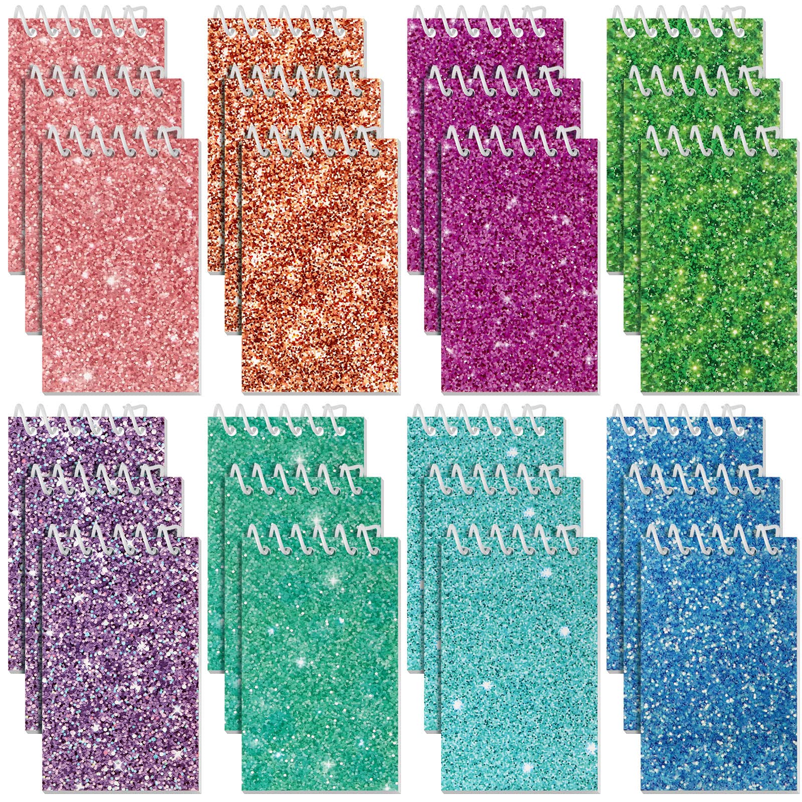 Glenmal 24-Pack Mini Spiral Notepads - 3.9 x 2.4 Inch Colorful Glitter Notebooks for Kids, 20 Pages Each (Solid Colors) - Perfect for Birthday Party Favors, Classroom Rewards, School Supplies & Office Notes