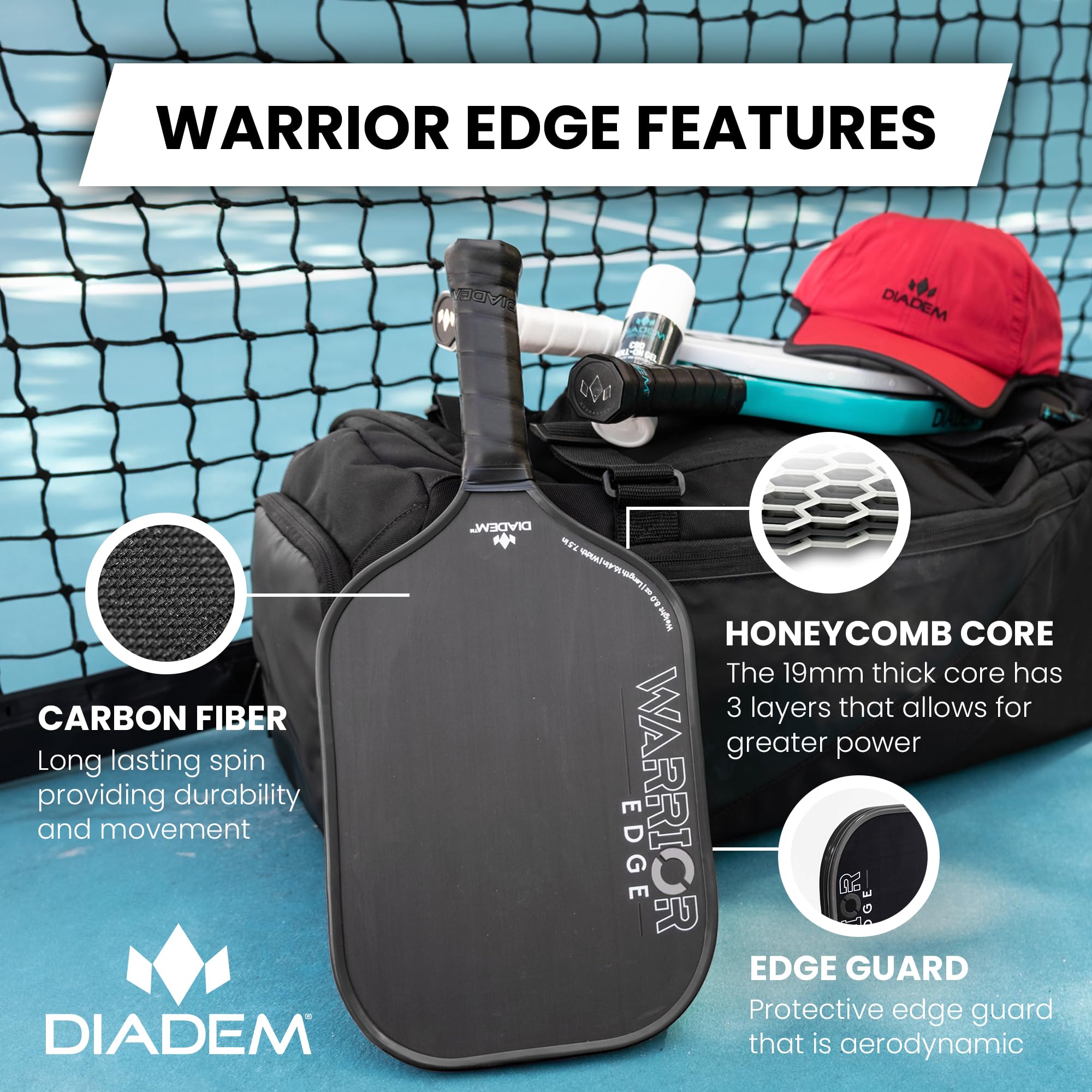 Diadem Warrior Edge Pickleball Paddle - Carbon Fiber Surface for Maximum Spin & Control, 16mm Polymer Core | Perfect for Competitive Play & Tournament Use
