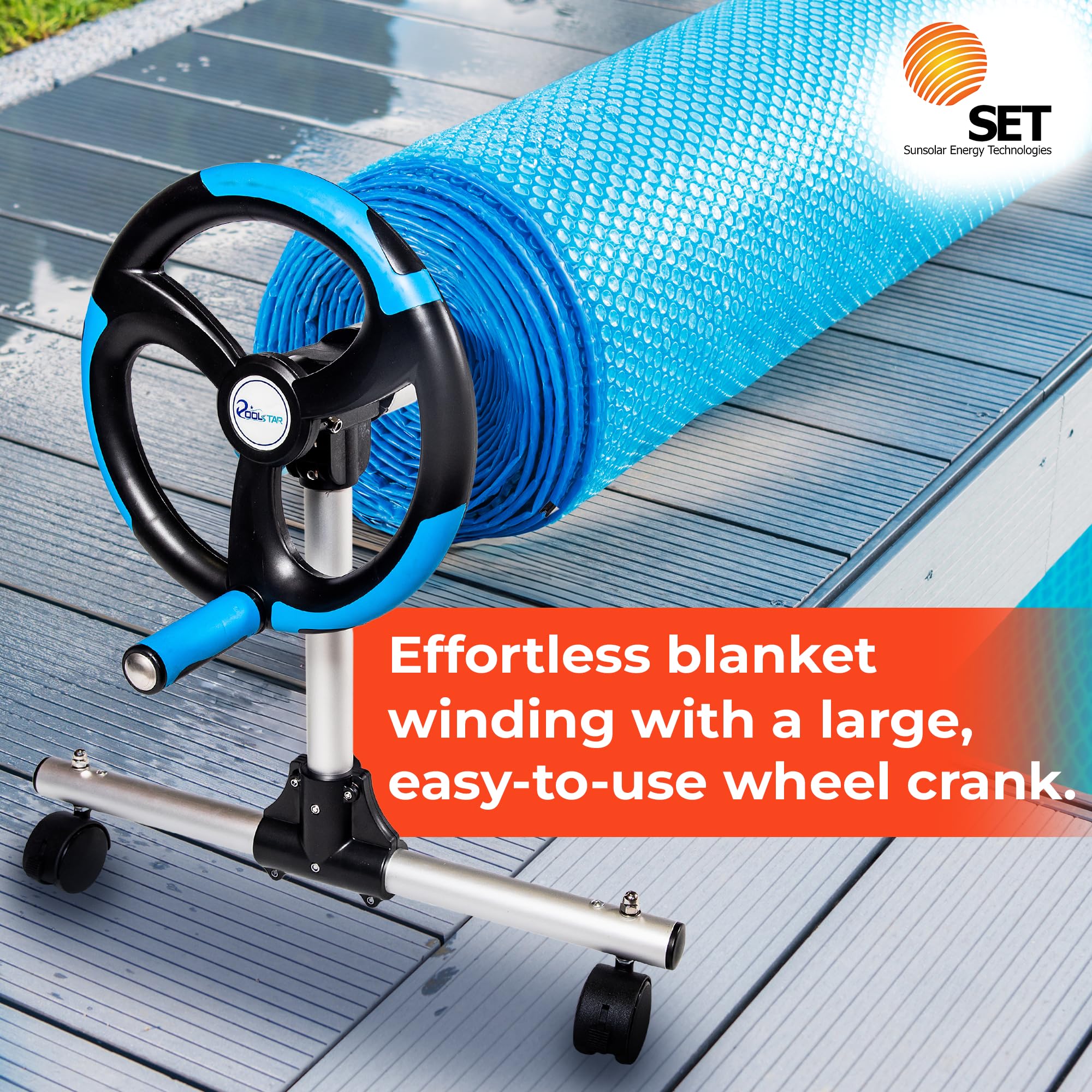 SunSolar In-Ground Pool Cover Reel Set - 3-Piece Aluminum Telescoping Pole with Spinning Reel - Heavy Duty Buckle and Straps for Secure Pool Cover Attachment - Wheeled Base for Easy Moving - 15 Feet - Perfect for Inground Pool Maintenance and Winter Cover Storage