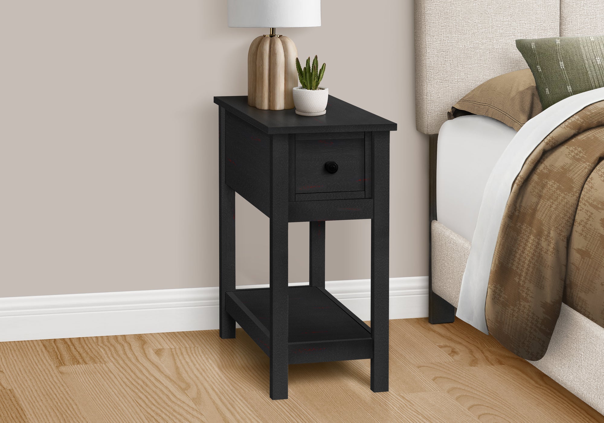 EleganceEdge 2 Tier Accent Table - Black Veneer Nightstand with Storage Drawer | Modern Side Table for Bedroom, Living Room & Office | Compact End Table with Shelf & Drawer for Home Decor
