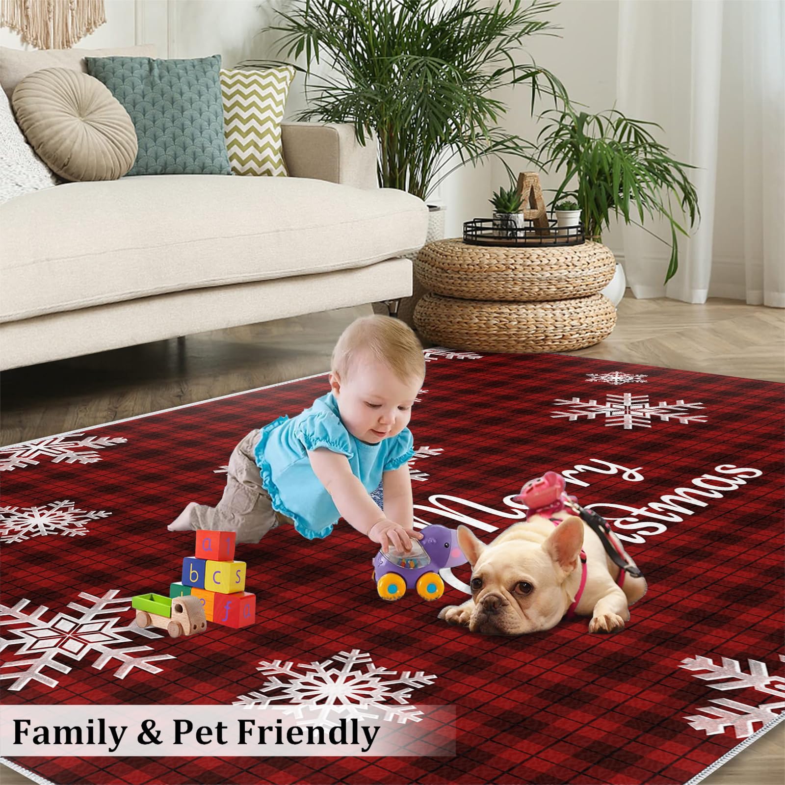 5x7 White Christmas Snowflake Area Rugs - Non-Slip Soft Abstract Geometric Floor Mats for Bedroom, Living Room & Teen Room - Perfect for Holiday Decor & Hardwood Floors (Black/Red Grid Design)