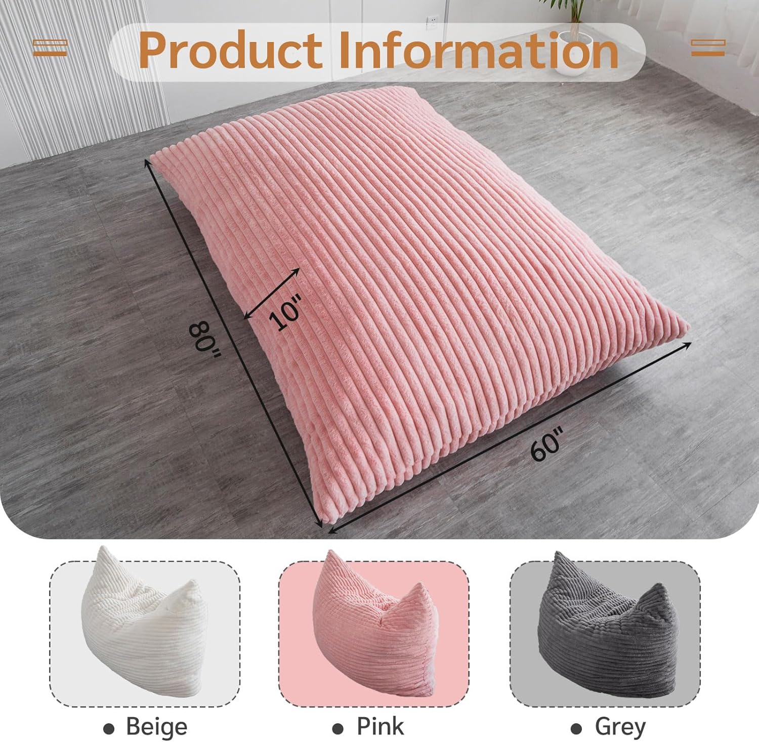 MAXYOYO 3-in-1 Convertible Bean Bag Chair - Soft Striped Faux Fur Large Floor Pillow for Kids & Adults - Pink - Perfect for Bedroom, Living Room & Dorm Room Relaxation