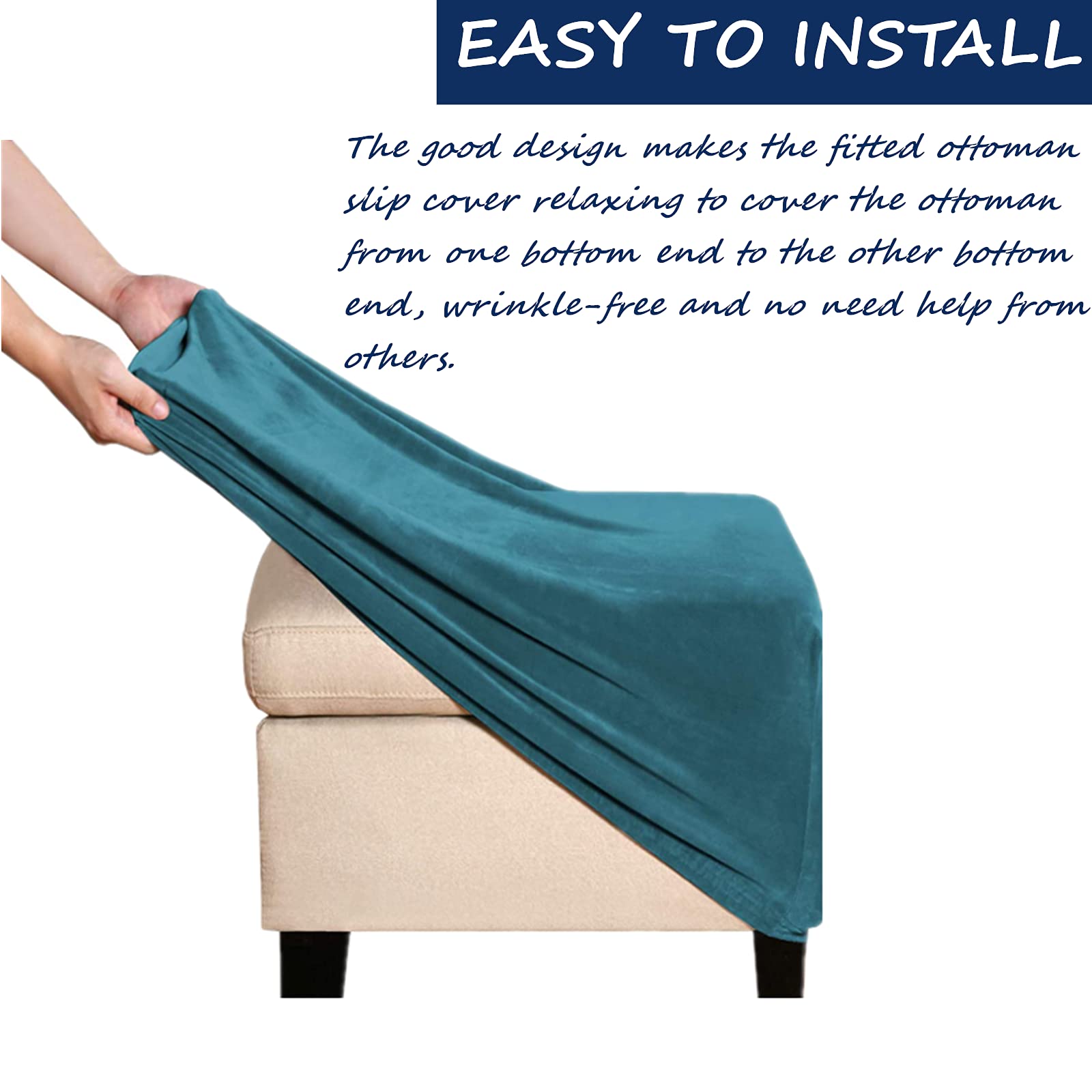 Stretch Velvet Ottoman Slipcover - Square Footstool Cover with Elastic Bottom for Folding Storage Ottoman - Teal Blue Living Room Furniture Protector - Perfect for Home Decor, Lounge & Guest Seating